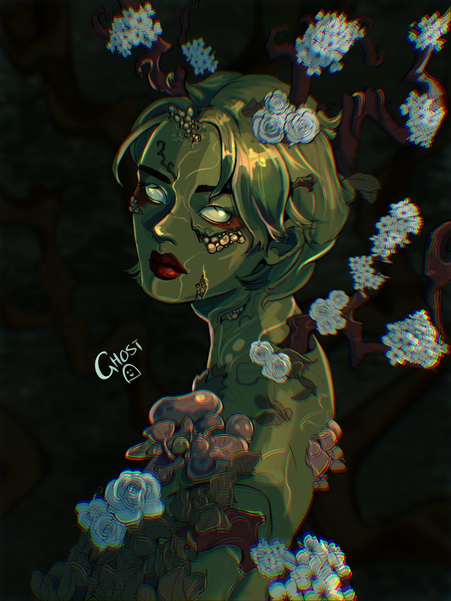 Digital artwork of Hyunjin as a beautiful yet terrifying humanoid plant monster