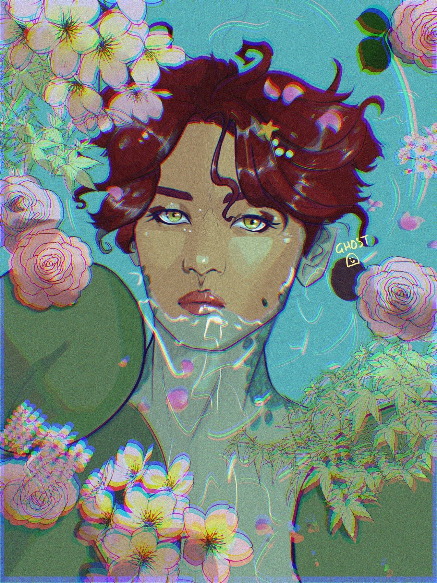 Digital artwork of Minho as a siren submerged in the water surrounded by flowers and lilypads