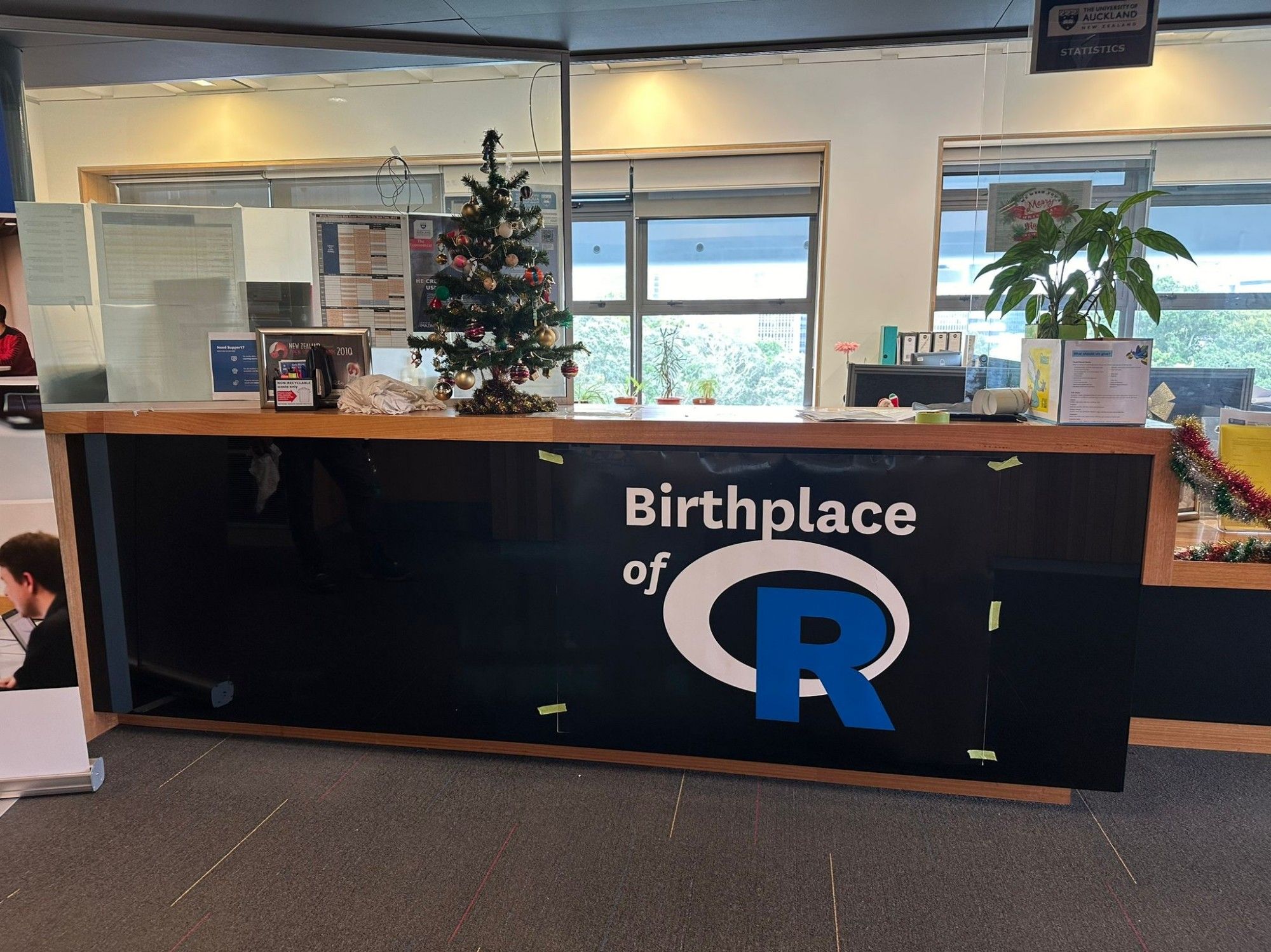 Statistics Reception at University of Auckland displaying Birthplace of R