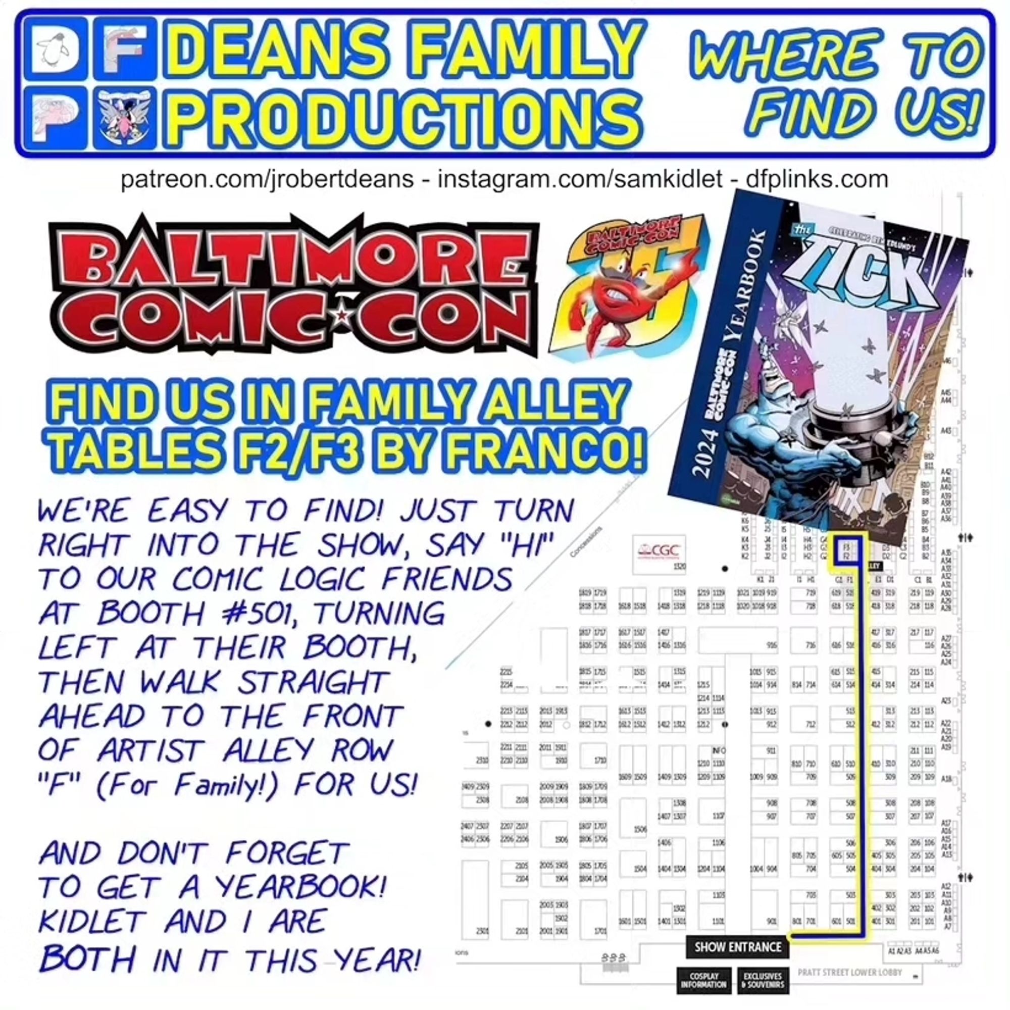 A floor map of Baltimore Comic Con with directions to Robert Deans and Sam Kidlet's table.