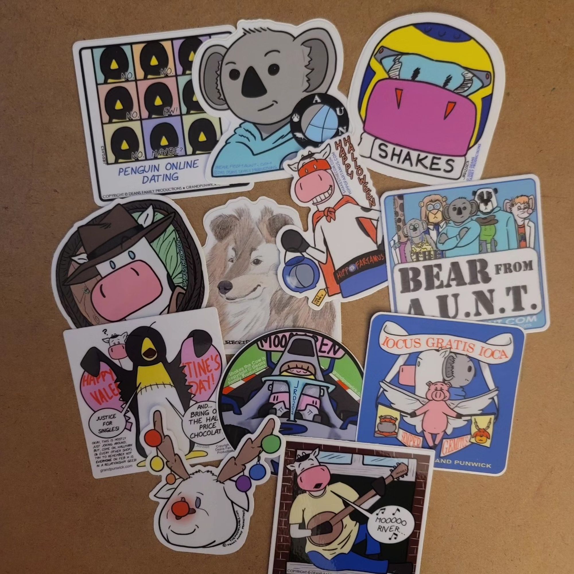 Some stickers with art by Robert Deans