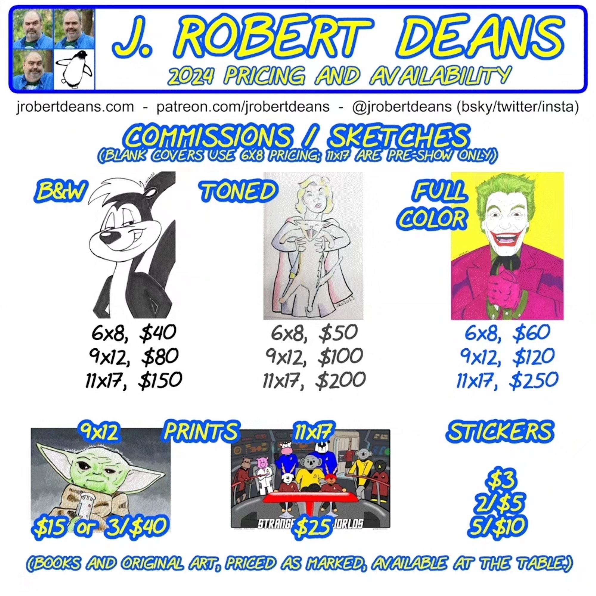 Rates for Commissions and Sketches, plus prices for Prints and Stickers, for Robert Deans