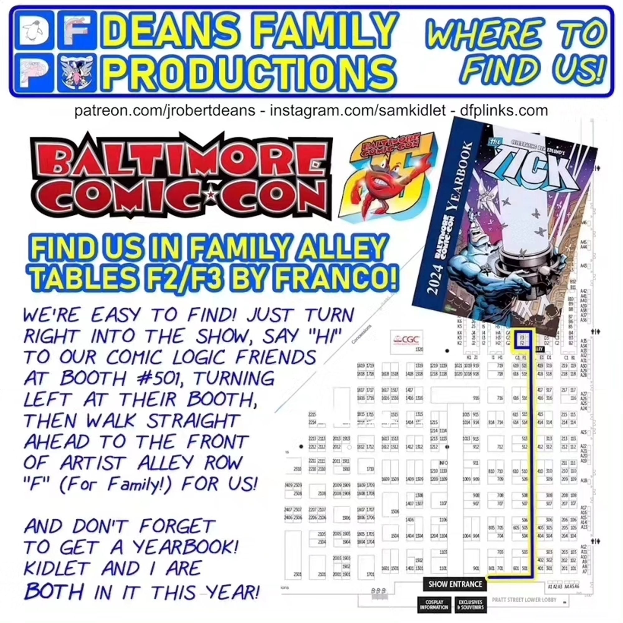 A map of the Baltimore ComicCon floor, with directions to the Deans' tables