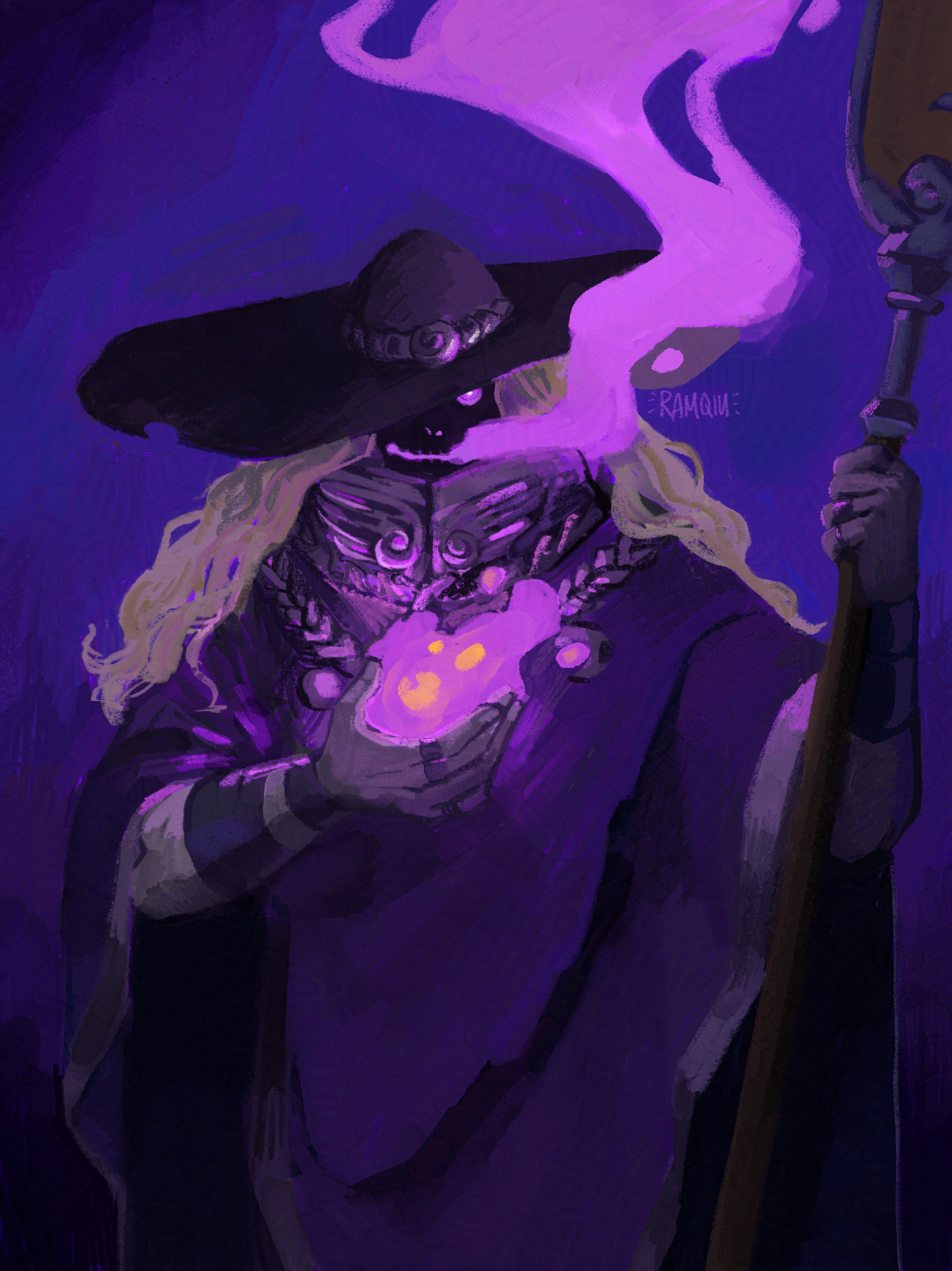 a drawing of charon as he appears in hades 2. it is very purple