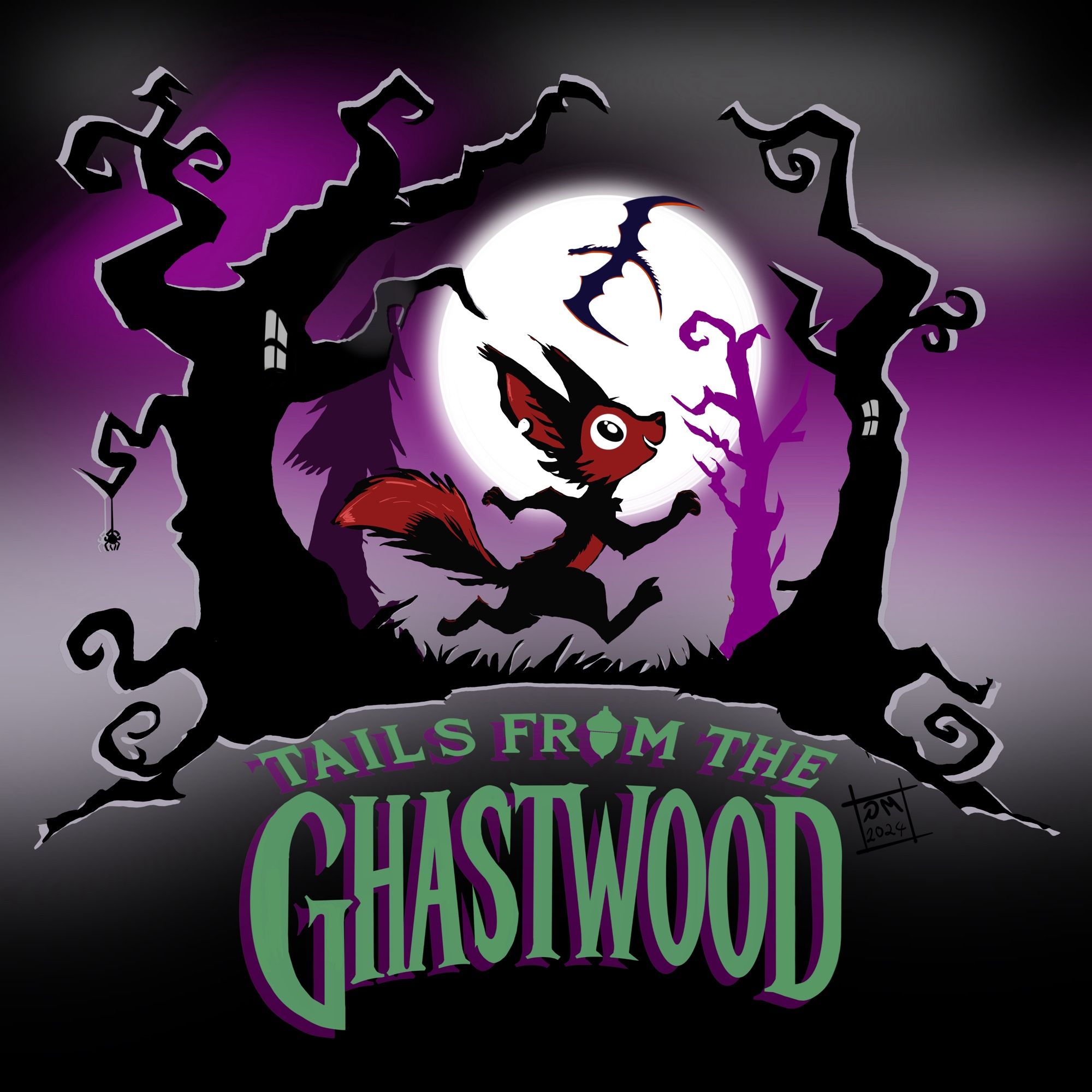 An anthropomorphic squirrel running through the gothically whimsical Ghastwood. Logo for Tails From the Ghastwoood