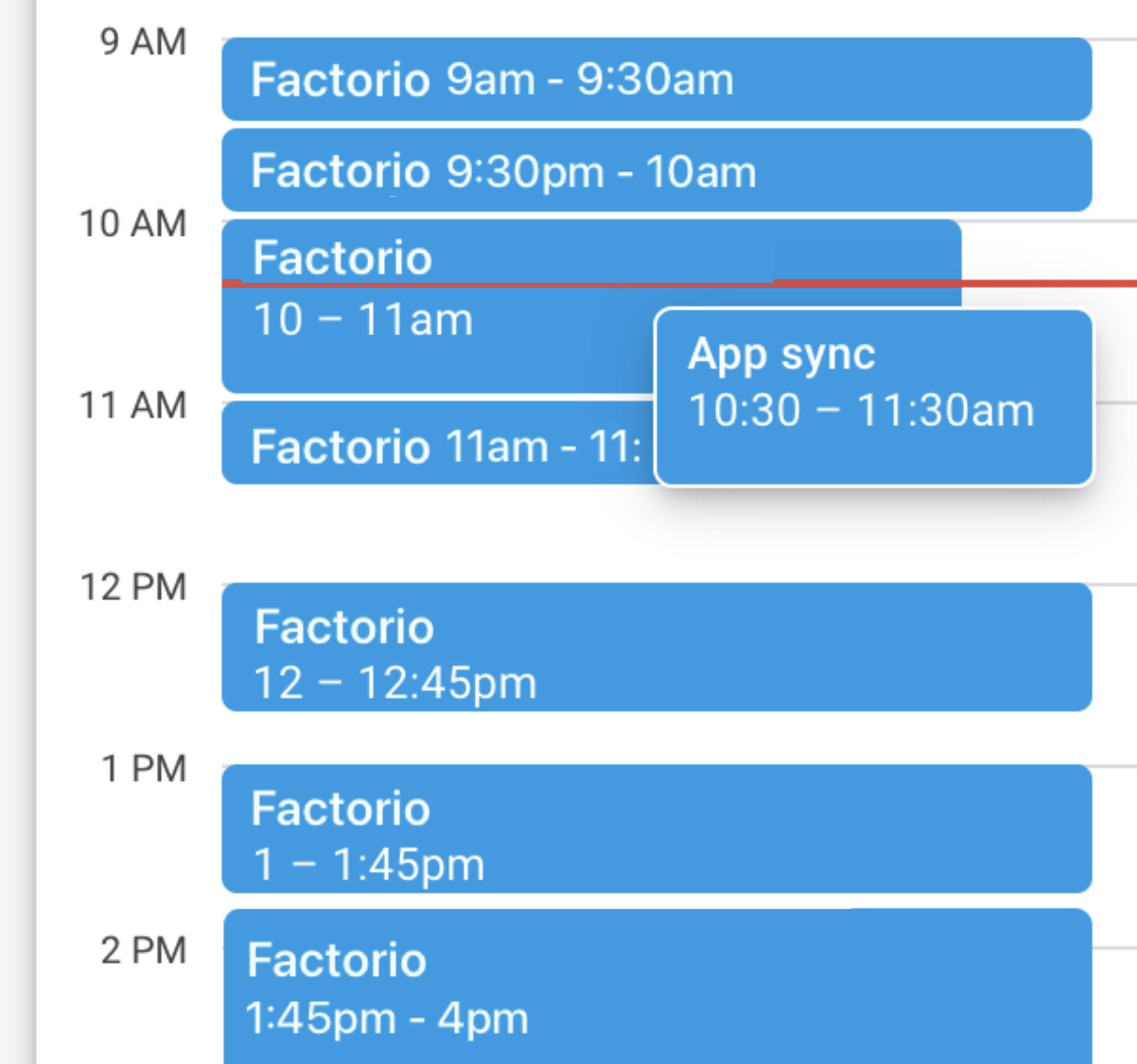 a doctored screenshot of a calendar filled with entries for Factorio