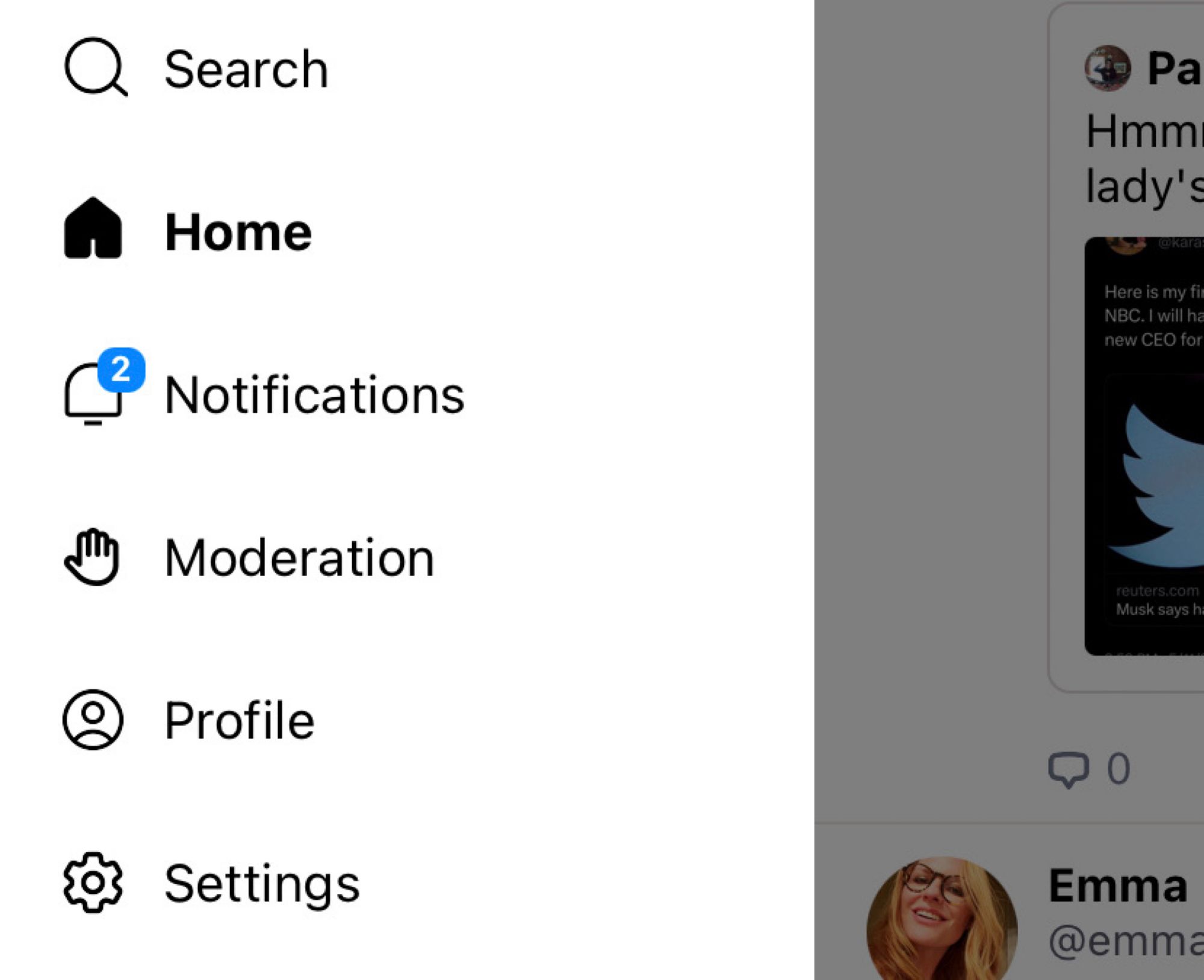 Screenshot of the new drawer menu with the Moderation section