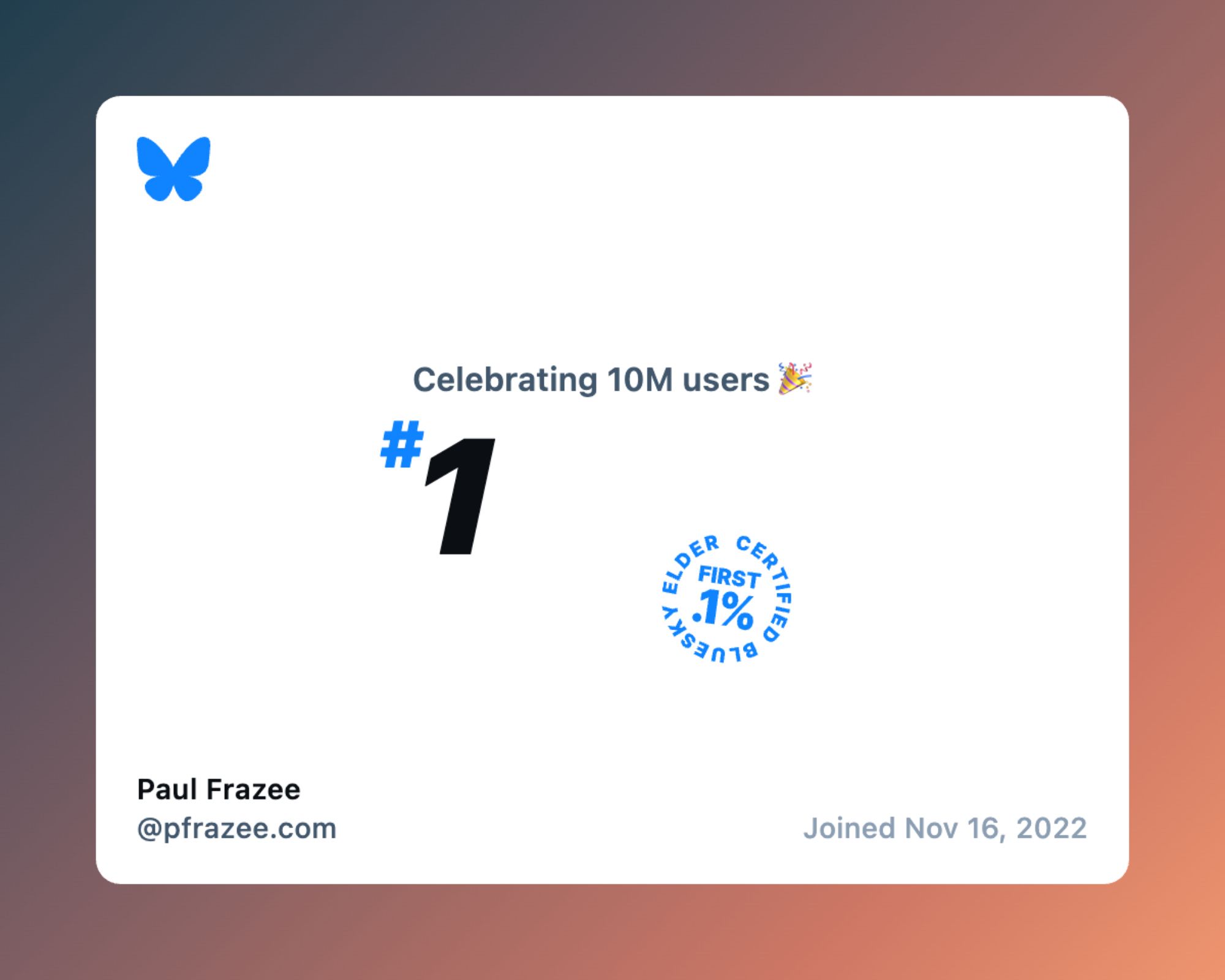 celebrating 10m users
#1
First .1%, certified bluesky elder
Paul Frazee
@pfrazee.com
Joined nov 16, 2022