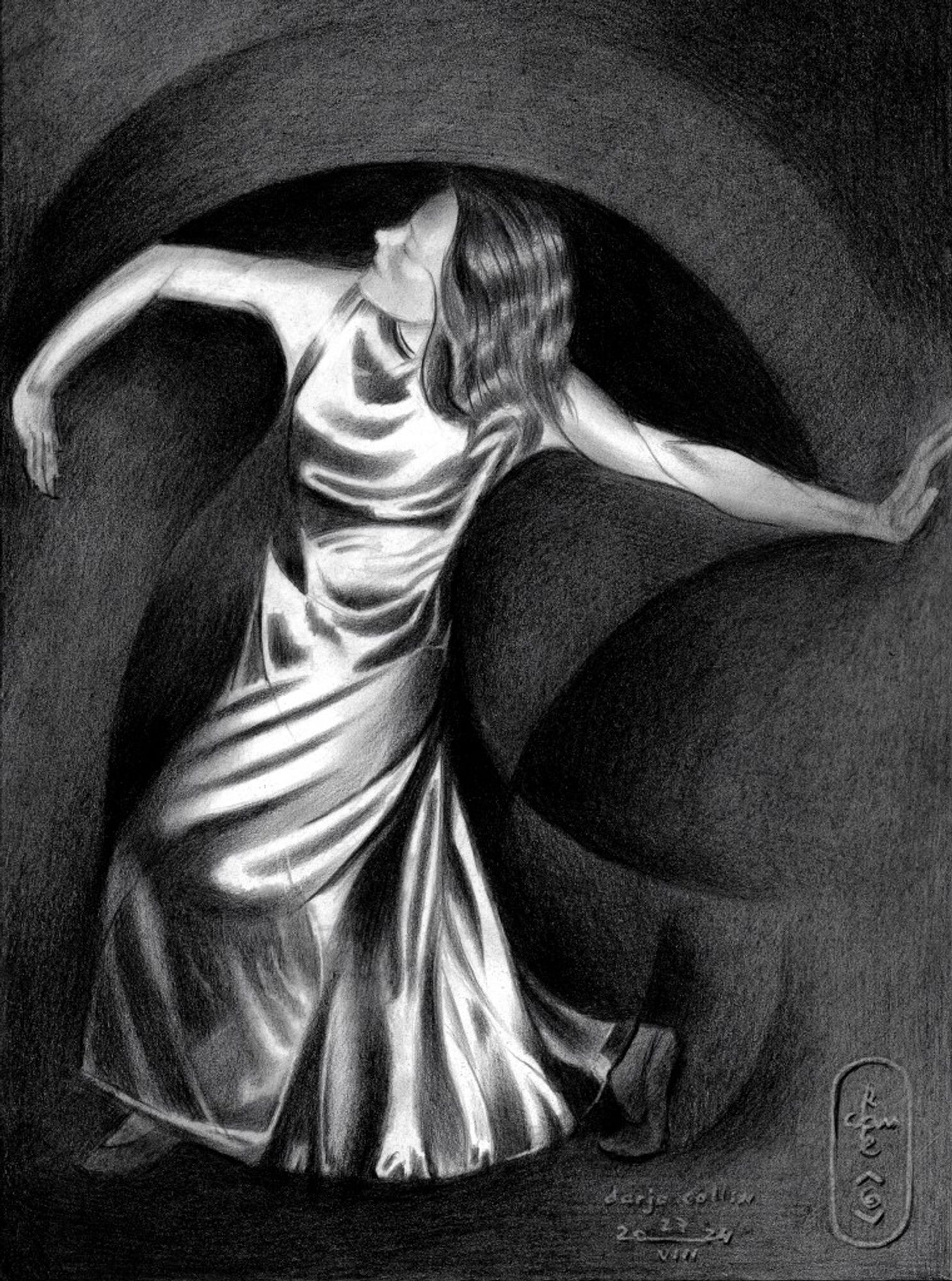 cubist art deco female dancer graphite pencil drawing