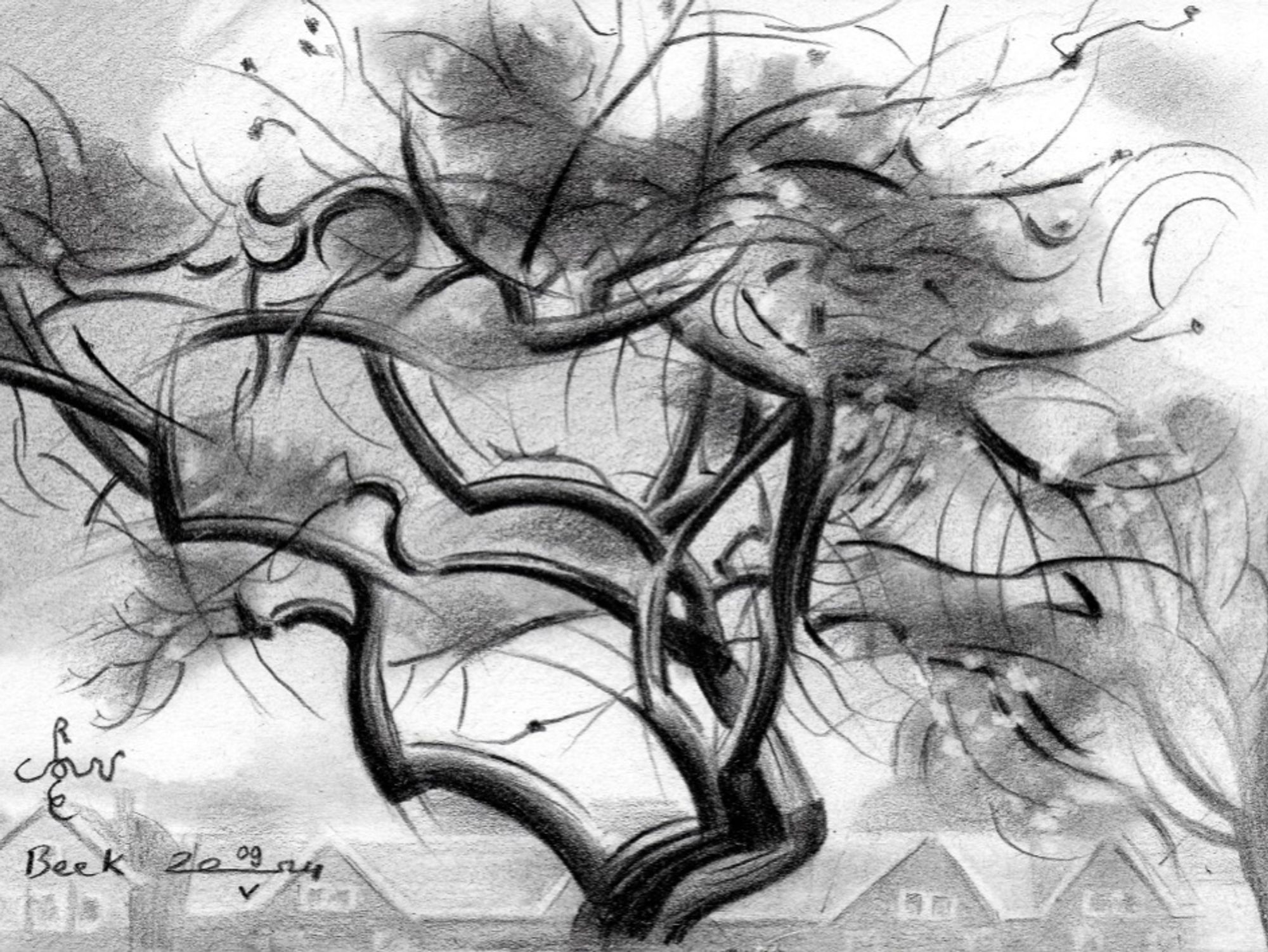 cubist treescape graphite pencil drawing