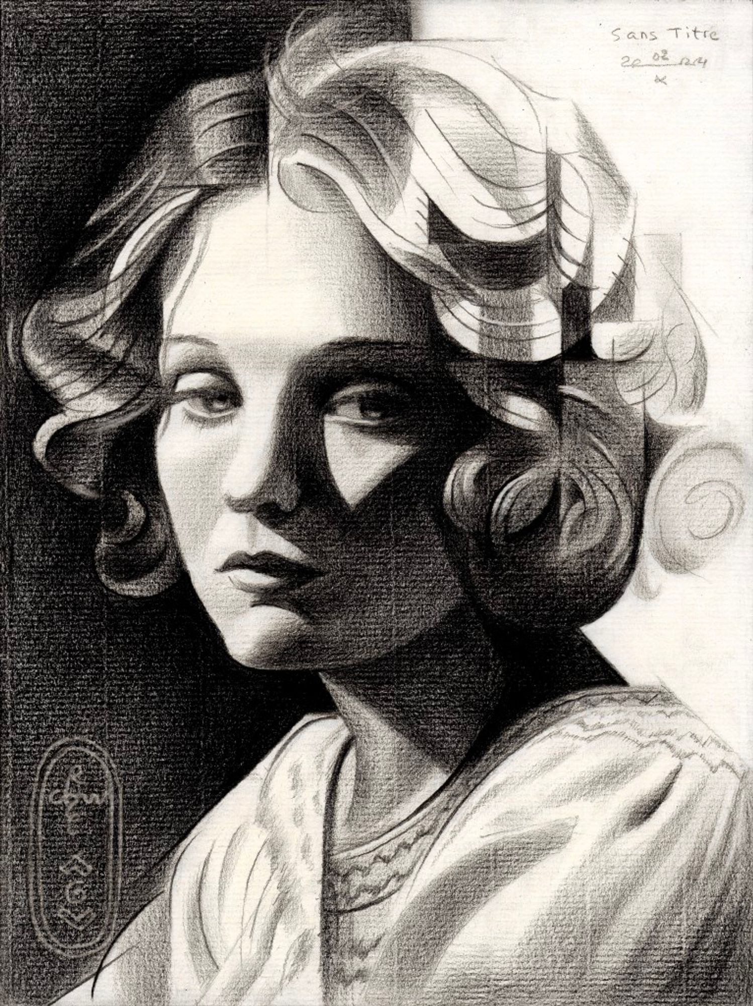 This graphite pencil drawing ‘Sans Titre – 02-10-24’ depicts Ukrainian moviestar and celebrity Anna Sten. She is sometimes compared to Greta Garbo. Allegedly Goldwyn sought for a foreign actress who could rival Greta. What do you know? Only after the completion of this drawing I took another look at the picture and even googled it. Then I saw she actually was Anna Sten. Even though they don’t really look alike in this picture Anna looks a bit like Greta. It must have been the bulby eyelids the latter surely prominently is bestowed upon. Don’t mind which of the two persons she is. Primarily I was attracted to the excellent dark and light division. A tonal play that is a feast to the eye. Besides that, the hairdo simply is a outstanding challenge for an artist like me.