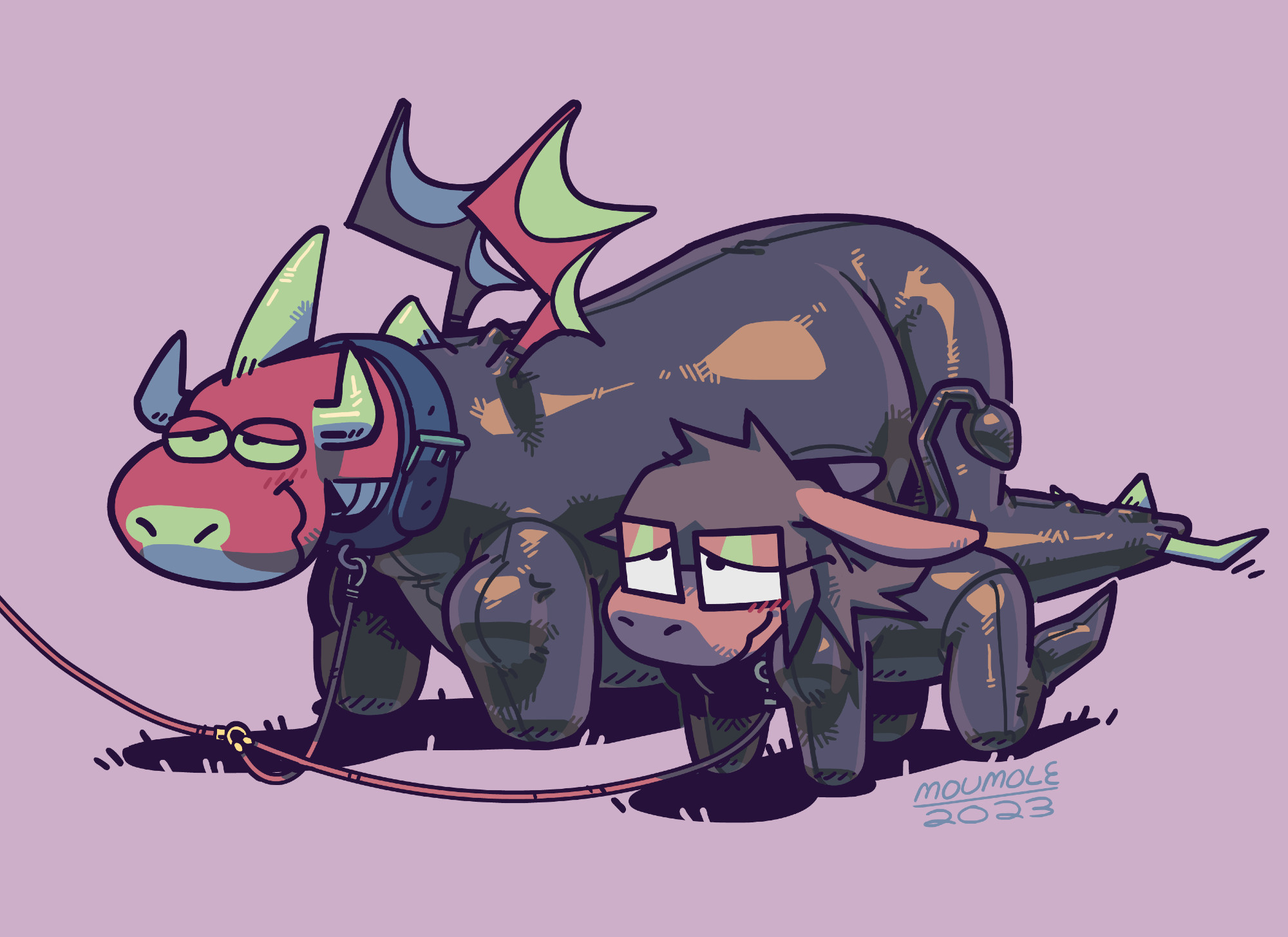 A chubby dragon and a small donkey with glasses are lead along on all fours with a double leash. They're both wearing latex suits that bend their limbs and force them to crawl on their elbows and knees like dogs. They're both blushing.