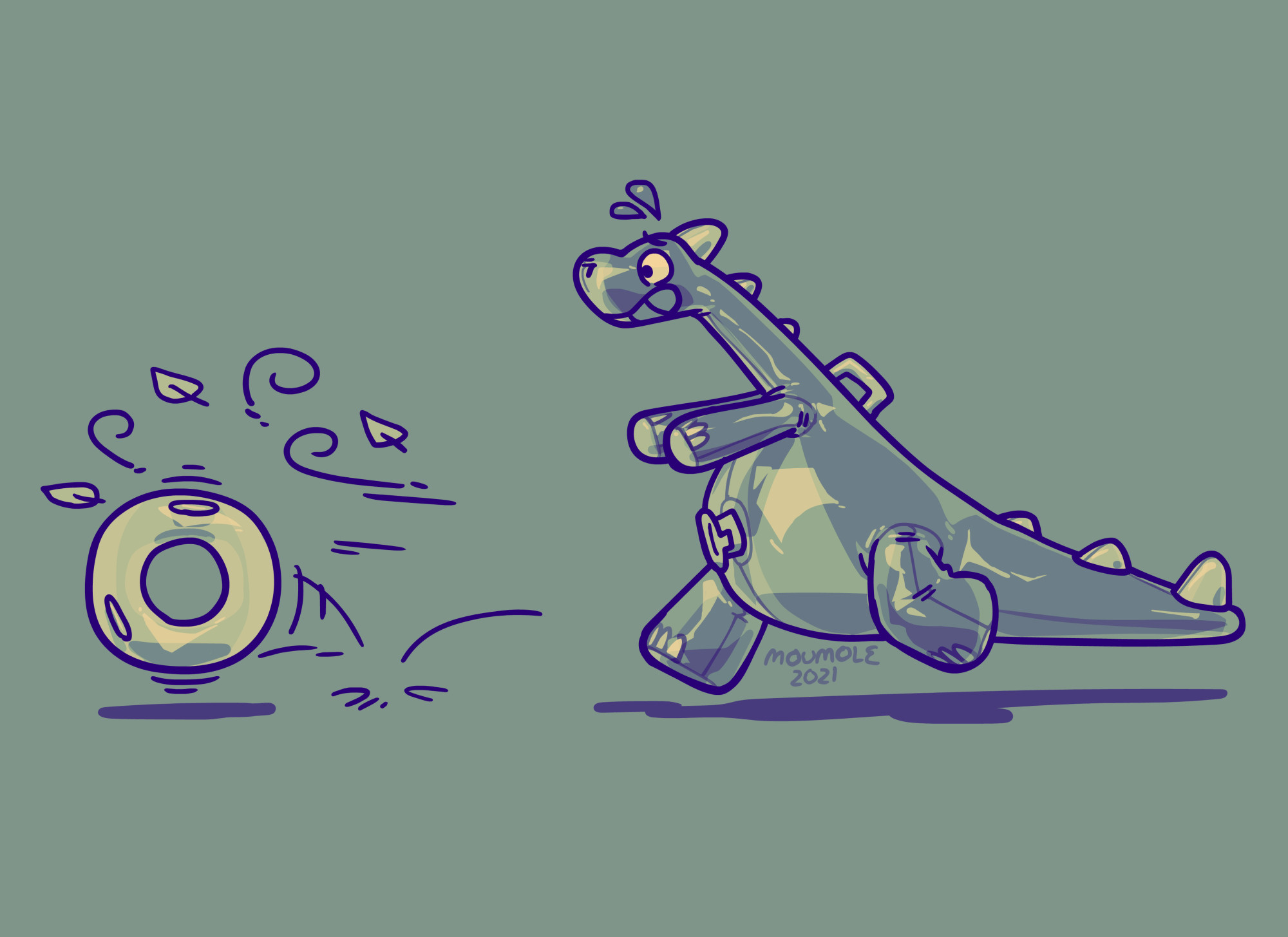 The person, now fully transformed into a dinosaur pool toy, frantically chases after the transformative pool ring as it blows away in the wind.