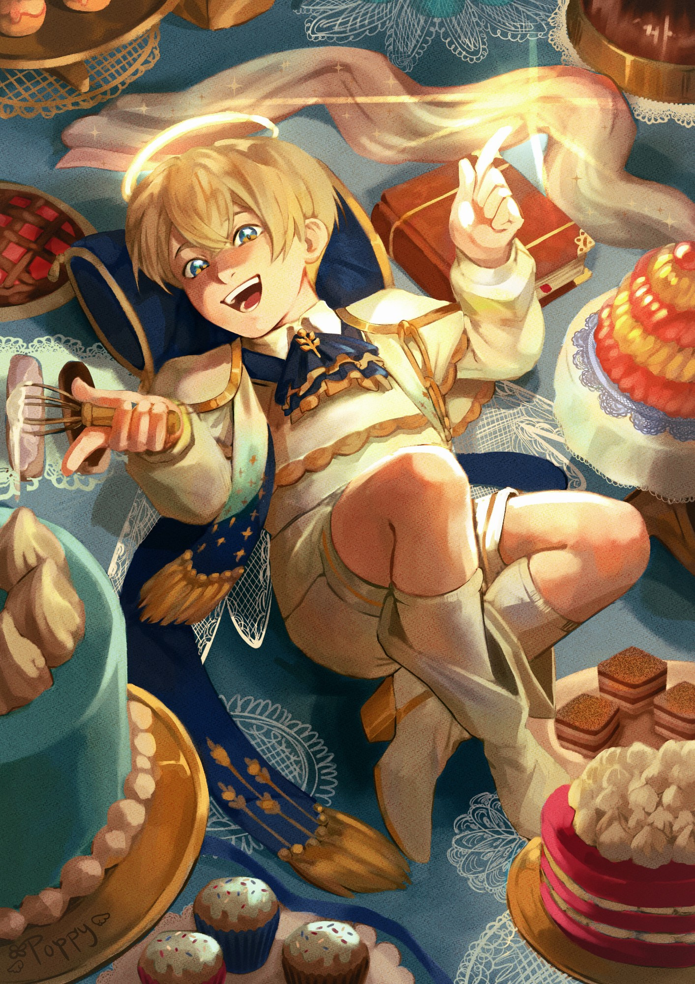 The image is a digital painting of Luke from the game Obey Me!. He is a young boy wearing white and gold clothes, he's blonde with blue eyes and he has a halo. He is laying on the ground while holding a whisk, and he's sorrounded by cakes and sweets of all kinds.