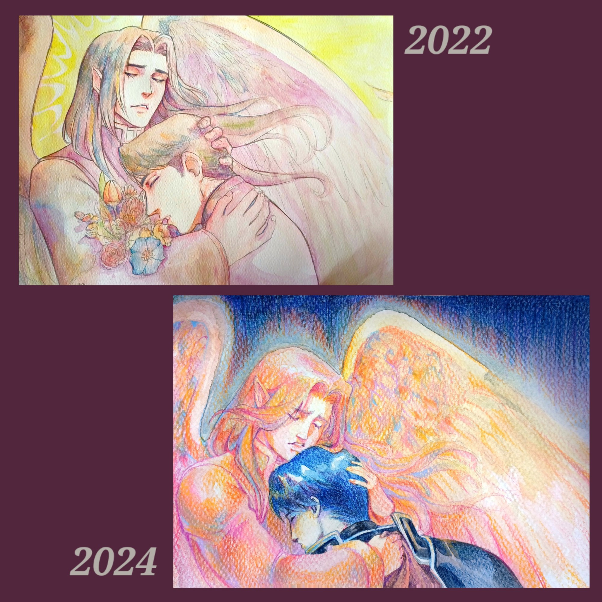 The image shows two iterations of the same drawing, one from 2022 (above) and one from 2024 (below). The subjects of the drawings are the same as the previous picture: Sephiran and Zelgius.