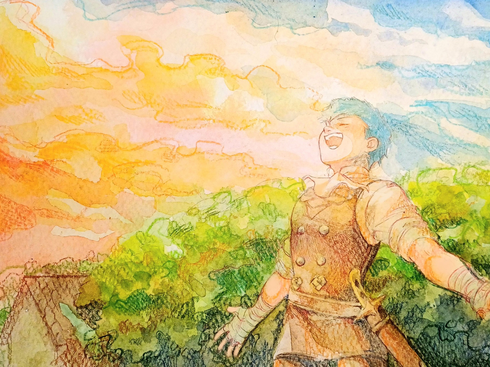 The image represents a drawing of Caspar from Fire Emblem Three Houses made in watercolor and coloured pencils. Caspar is a boy with blue hair and light skin, he is standing with his eyes closed and his arms open, appreciating the fresh air. In the background there's a colorful sky and some trees.