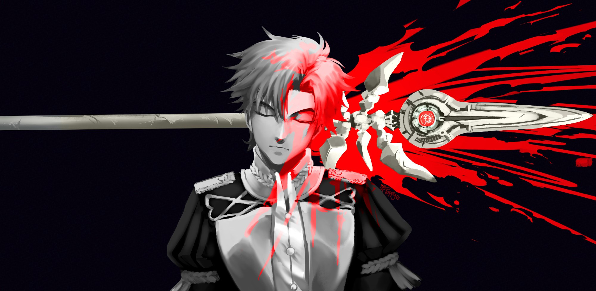 A digital illustration of Sylvain from Fire Emblem Three Houses. His Lance of Ruin is in the background, creating a symbolical red splutter over the black and white of the subject.