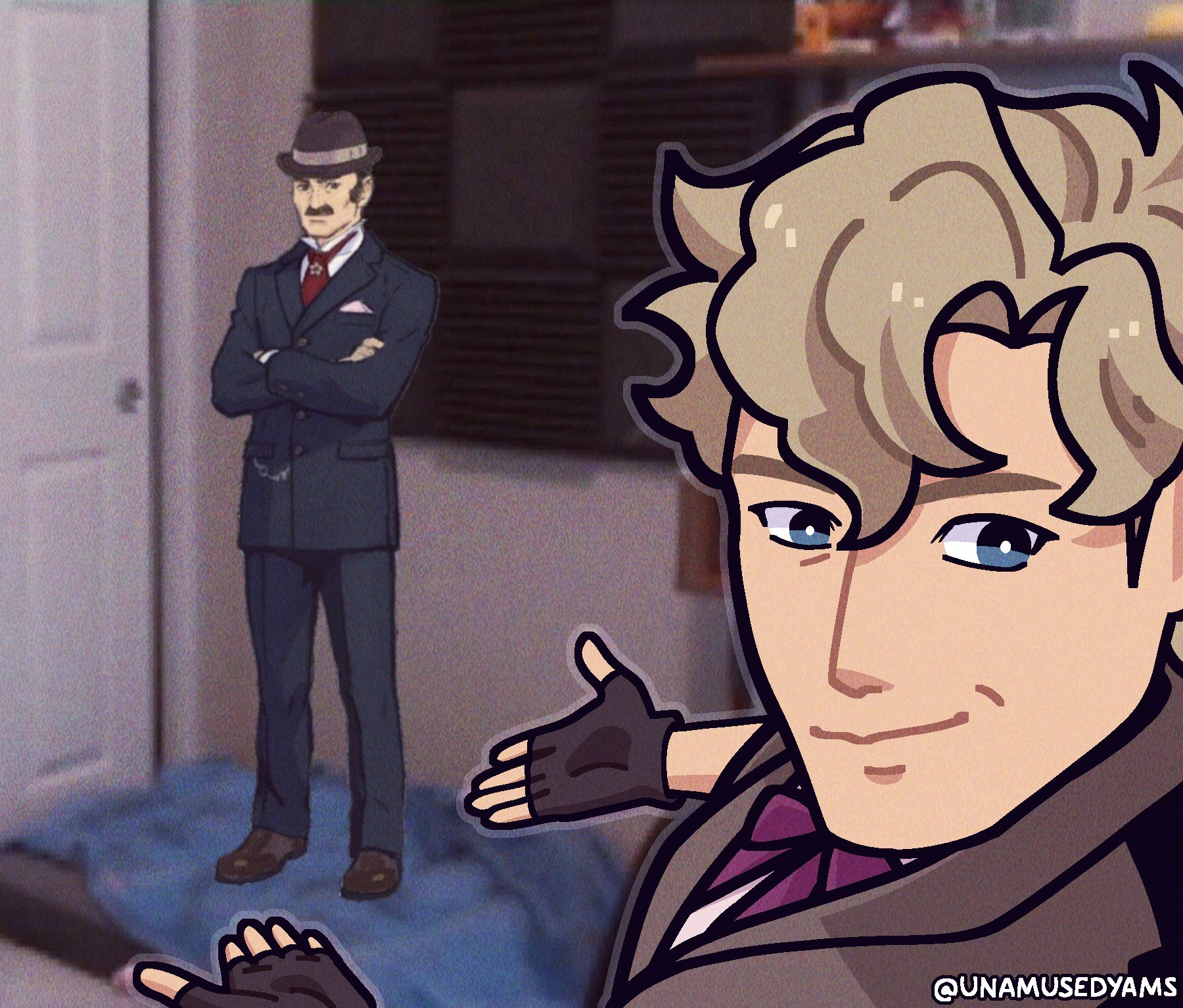 Herlock Sholmes drawn over a jerma985 screenshot. Sholmes looks over his shoulder at the camera while gesturing to a photoshopped Yuujin in the background.