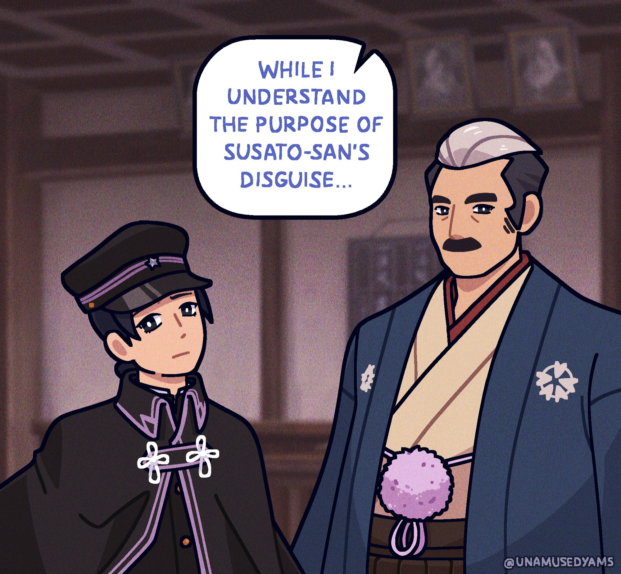 "While I understand the purpose of Susato-san's disguise..." the voice continues. Ryutaro and Yuujin look at the direction of the speaker.