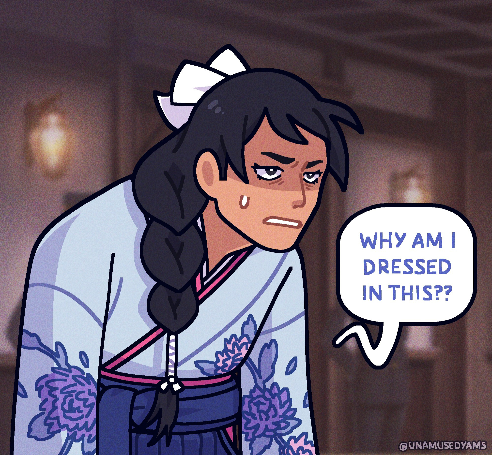 "Why am I dressed like this??" The voice is revealed to belong to Ryuunosuke, hunched over and with an exasperated look on his face. Ryuu is wearing an disguise to mirror Susato's. His hair is longer and forms a braid, he is wearing a light blue kimono with pink and purple chrysanthemums, and a navy hakama.