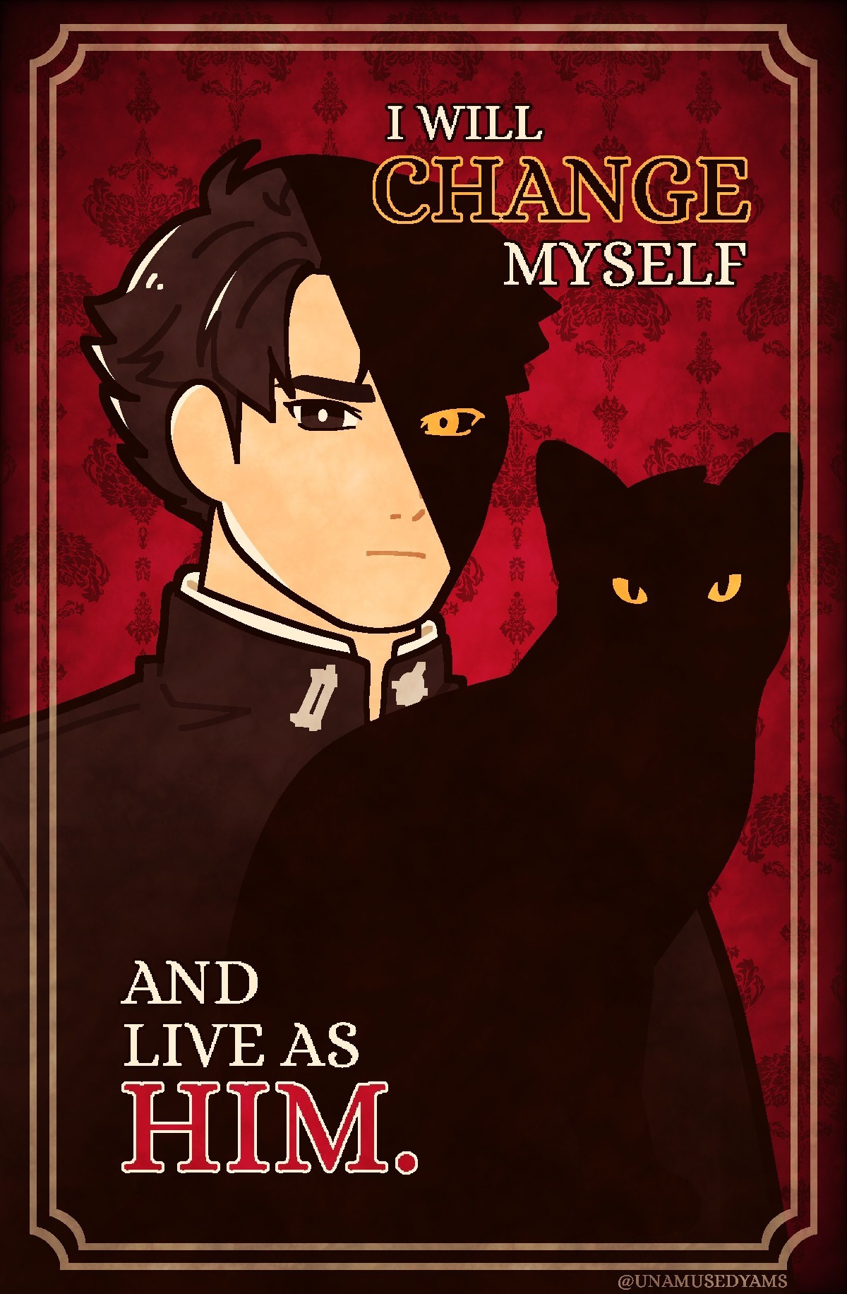 Digital art of ehat appears to be Kazuma Asougi staring head on and half his face cast in shadow with a yellow eye. A silhouette of a cat with yellow eyes is superimposed across from him. Text reads, "I will change myself and live as him."