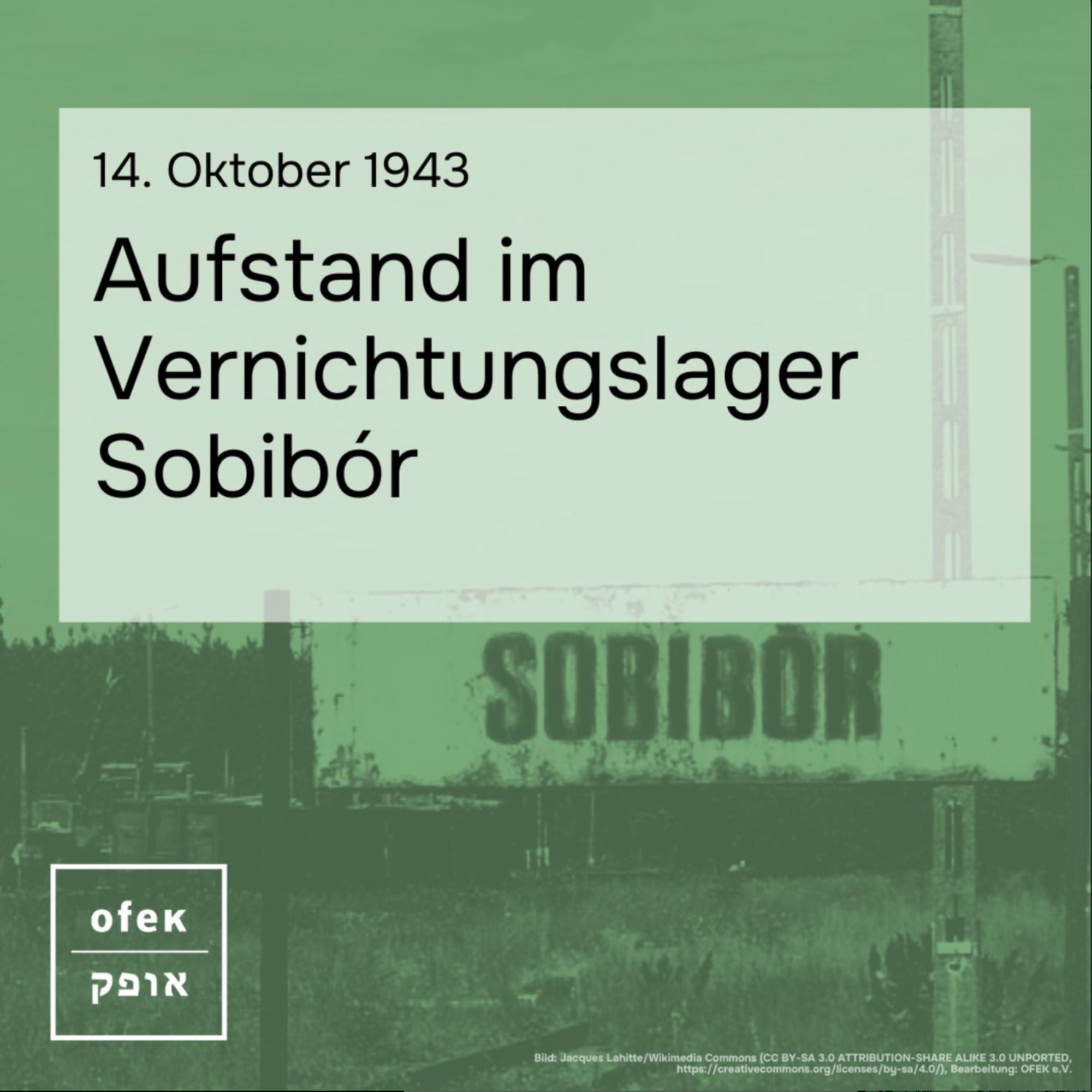 Auf einem grün eingefärbten Quadrat mit einem Bild des ehemaligen Vernichtungslagers Sobibór im Hintergrund und weißem OFEK-Logo links unten steht in einem weißen Rechteck im oberen Drittel:
14. Oktober 1943
Aufstand im Vernichtungslager Sobibór