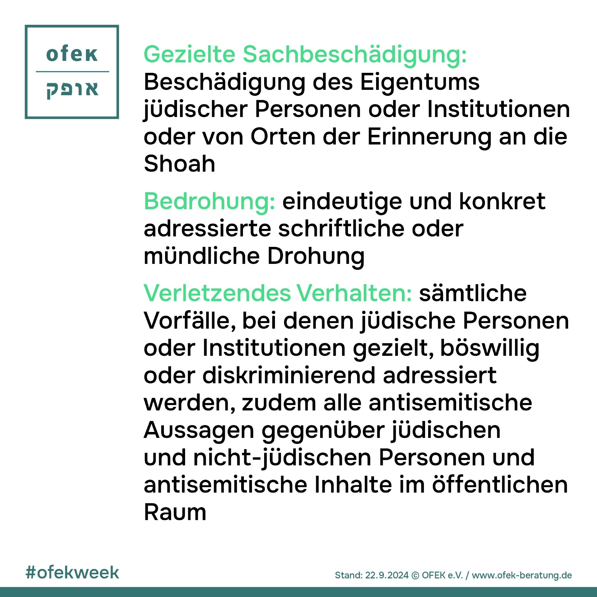 Gezielte Sachbeschädigung:
Beschädigung des Eigentums jüdischer Personen oder Institutionen oder von Orten der Erinnerung an die
Shoah
Bedrohung: eindeutige und konkret adressierte schriftliche oder mündliche Drohung
Verletzendes Verhalten: sämtliche Vorfälle, bei denen jüdische Personen oder Institutionen gezielt, böswillig oder diskriminierend adressiert werden, zudem alle antisemitische Aussagen gegenüber jüdischen und nicht-jüdischen Personen und antisemitische Inhalte im öffentlichen Raum

#ofekweek
Stand: 22.09.2024 © OFEK e.V. / www.ofek-beratung.de