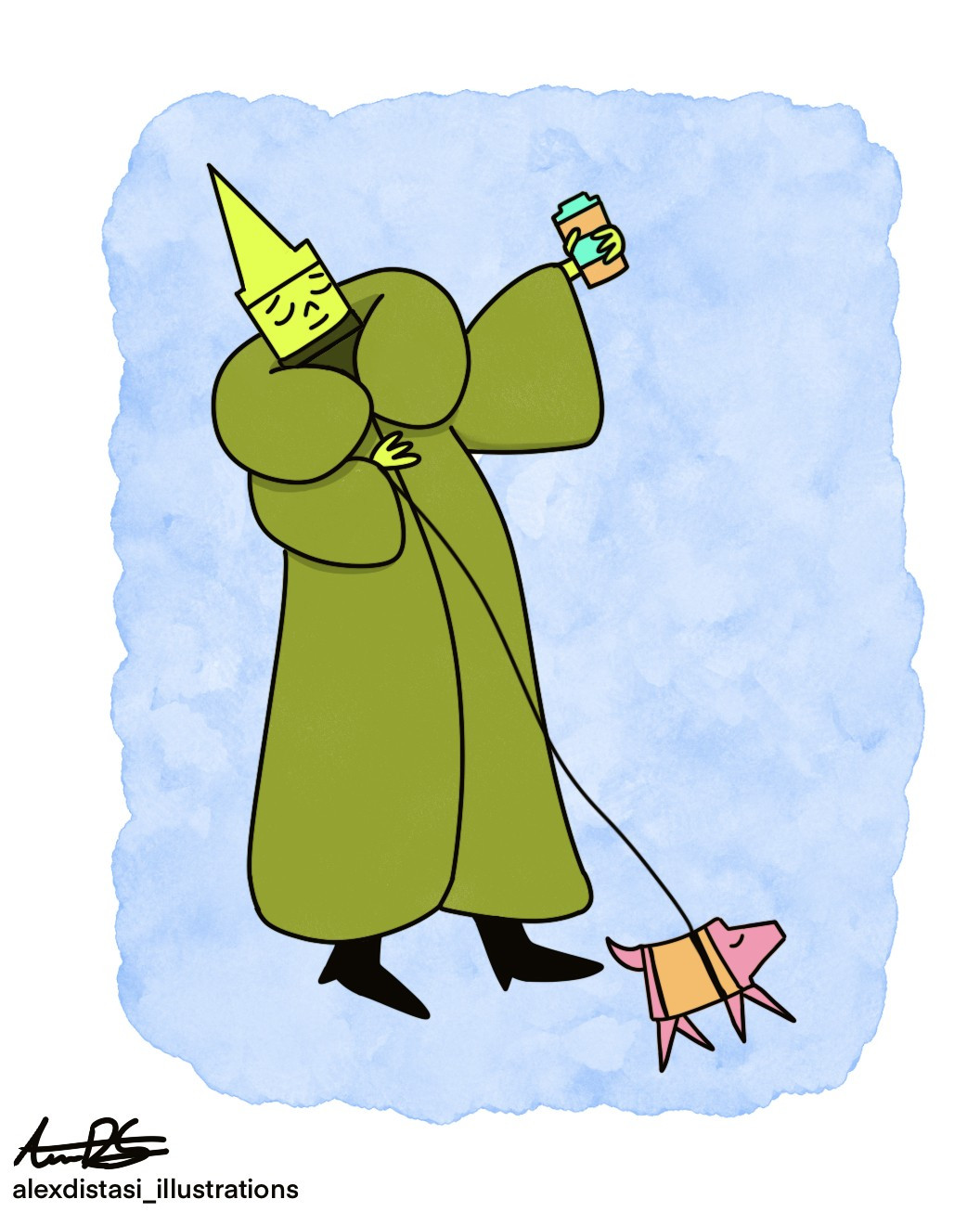 A chartreuse-colored crayon in a big coat walks their dog while holding a $12 latte