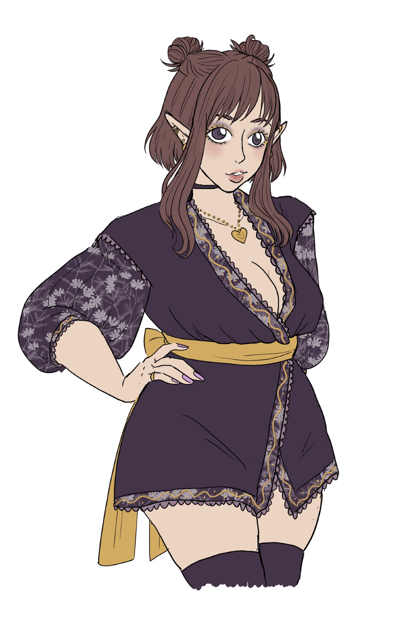 Art of a bard. She's curvy, and has a purple dress.