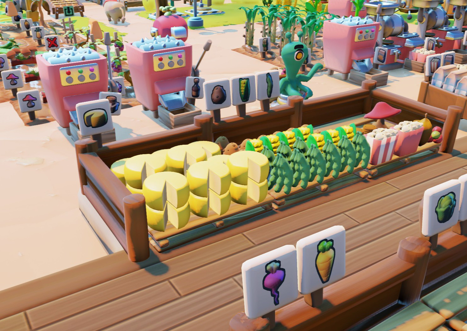 Farming zone in Go-Go Town, showing multiple storage bins of produce, including cheese stacked two high. An alien is delivering more crops