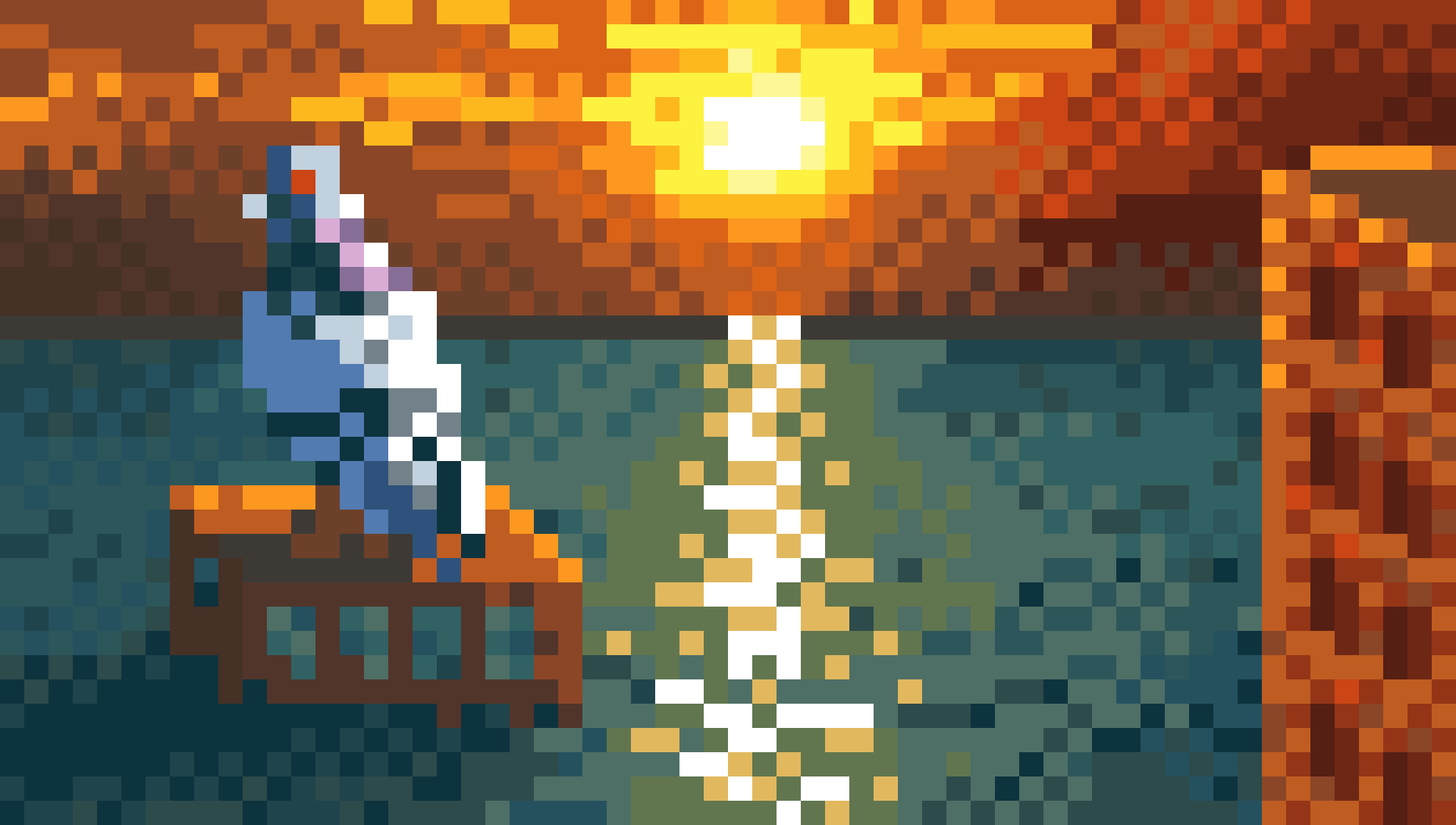 Pixel art of a sunset over the ocean. Two buildings jut out of the water. Standing on one roof is a massive pigeon, three stories tall at least.