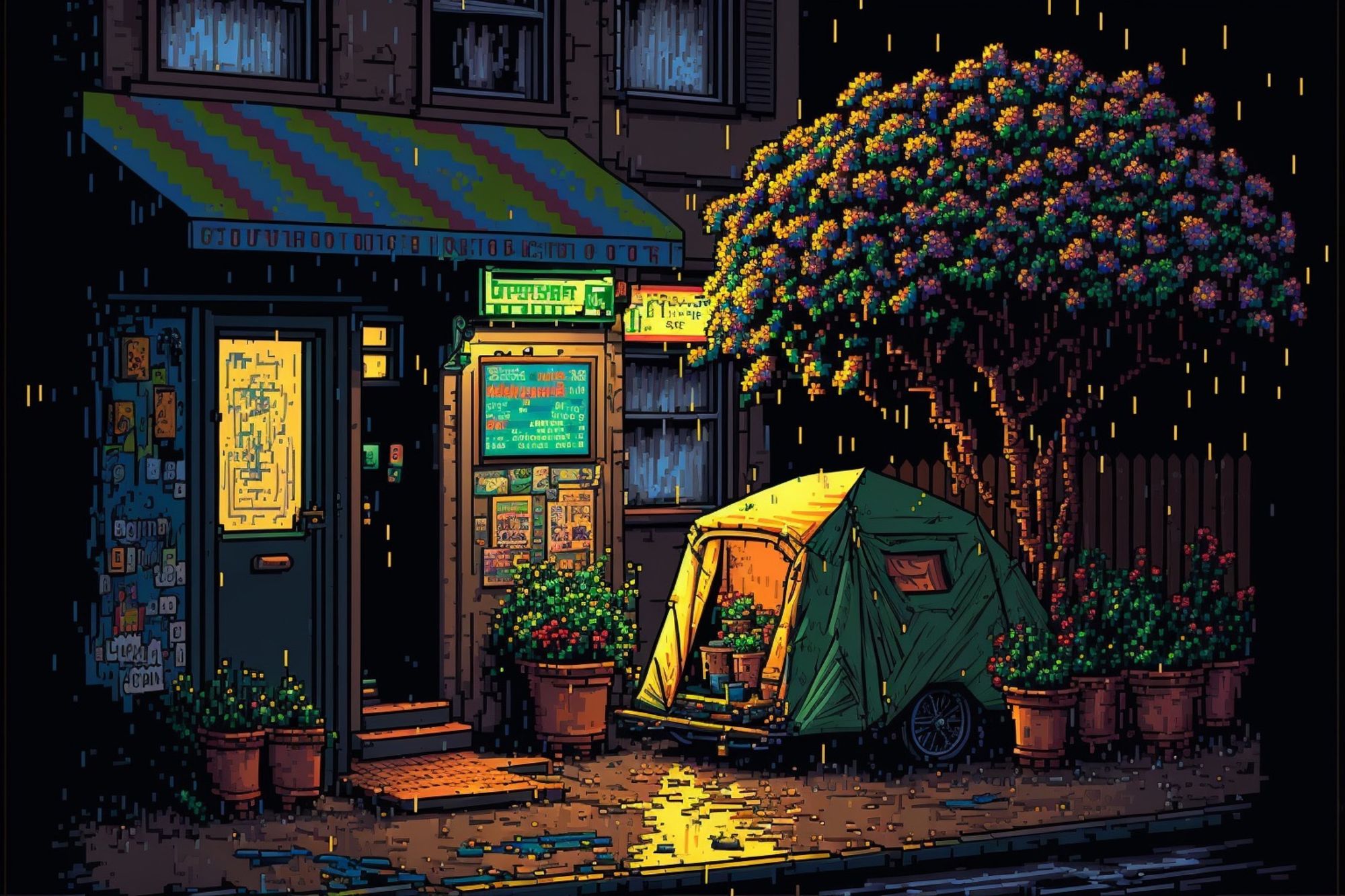 Rain in the south Mission, a computer generated 8-bit style image of a tent beneath a tree in the rain at night. Palette reminiscent of a graphic novel.