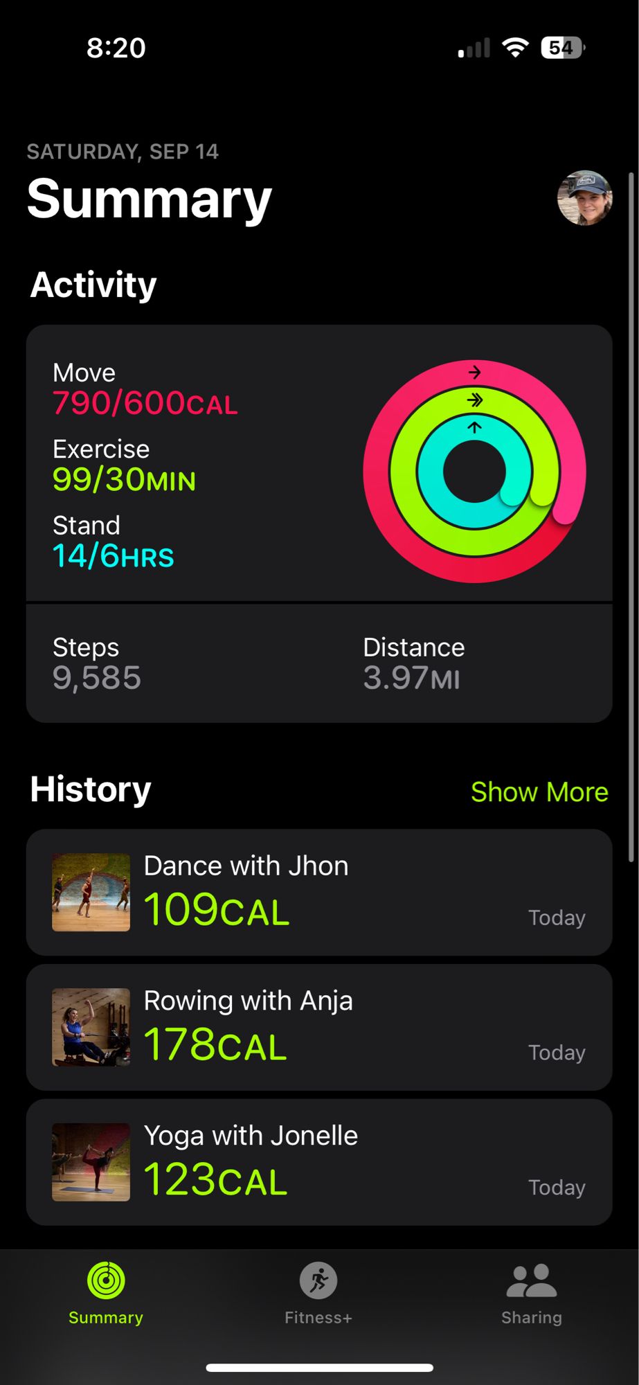 Apple fitness summary showing yoga, rowing and a dance session