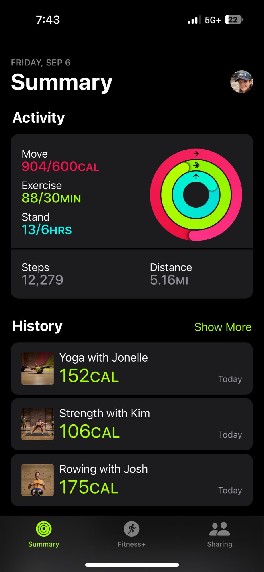 Apple fitness summary showing my workouts. Low calorie burn but a whole lot of work. Rowing, strength and a yoga session