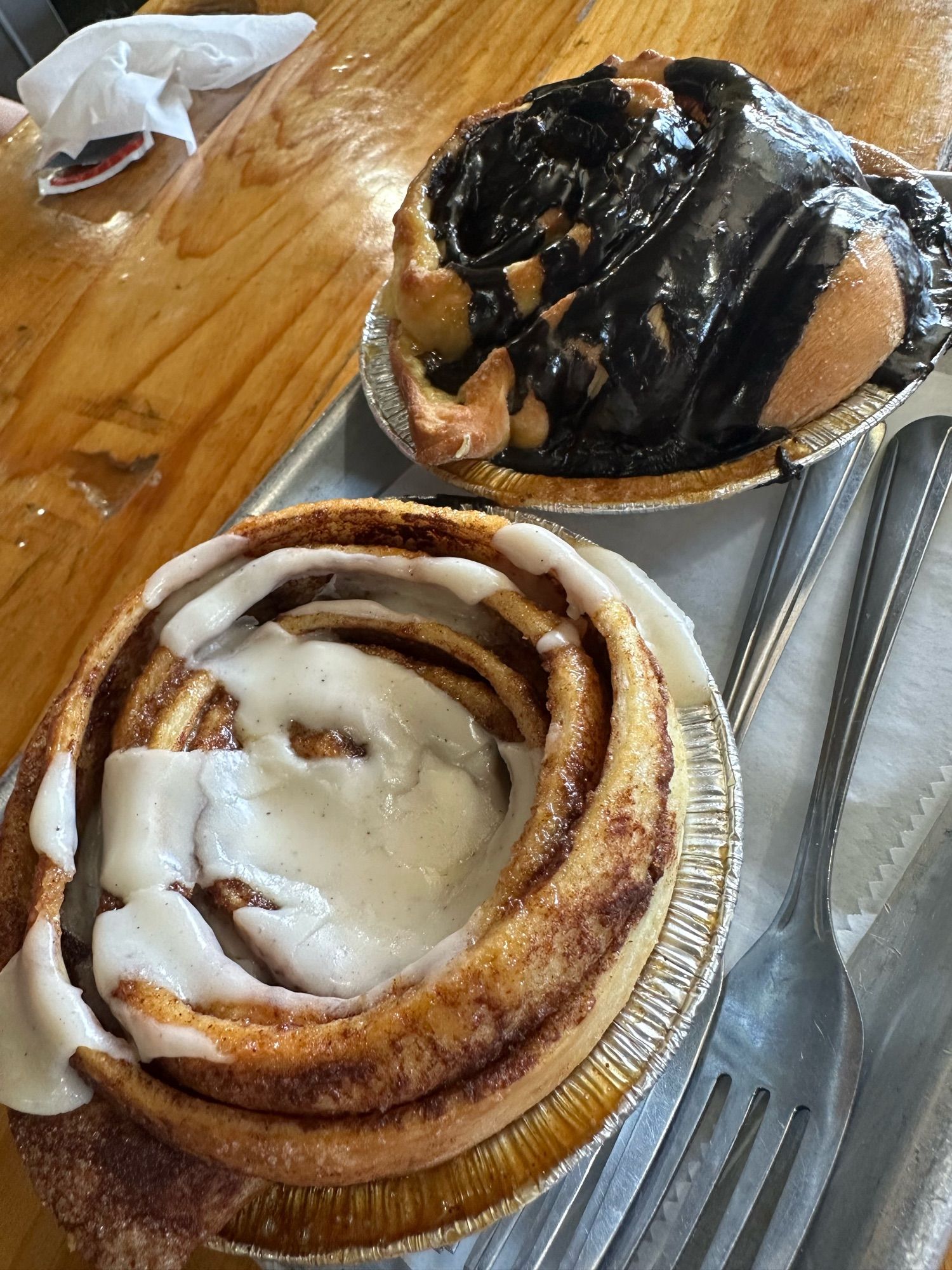 Cinnamon bun and a Boston cream pie bun, they look good