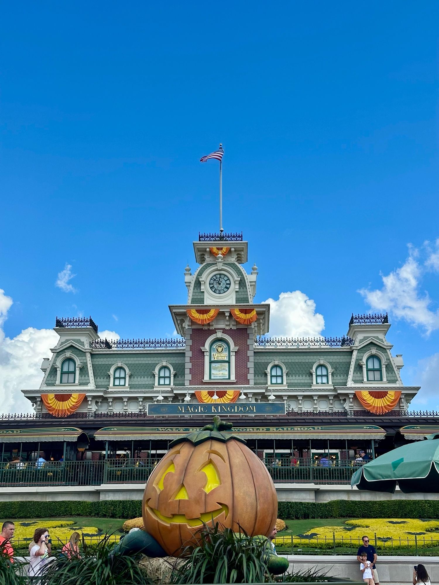 The railroad station at magic kingdom all gussied up for fall