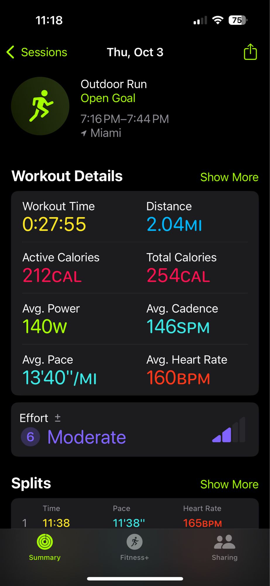 Apple fitness summary of last night’s run, I walked a lot because tired