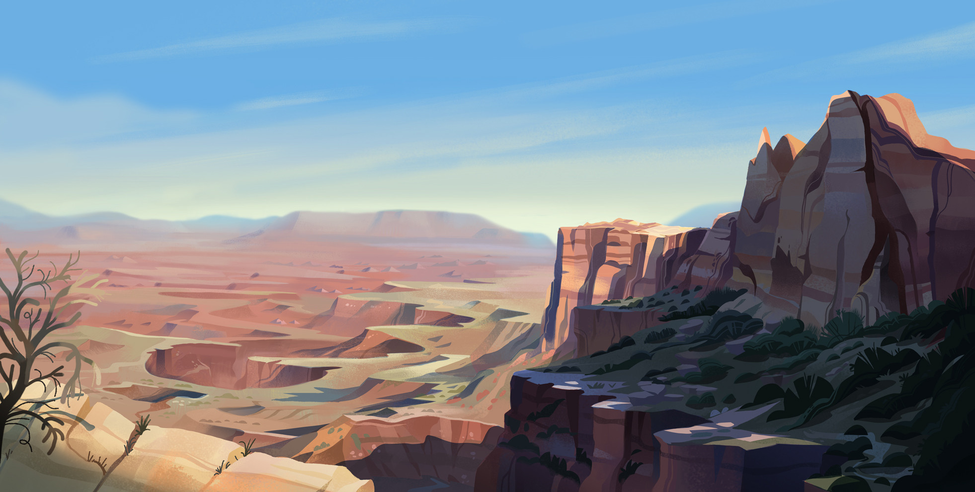 Full color graphic stylized illustration image of national park canyonlands with vibrant desert red and oranges. Done in photoshop!