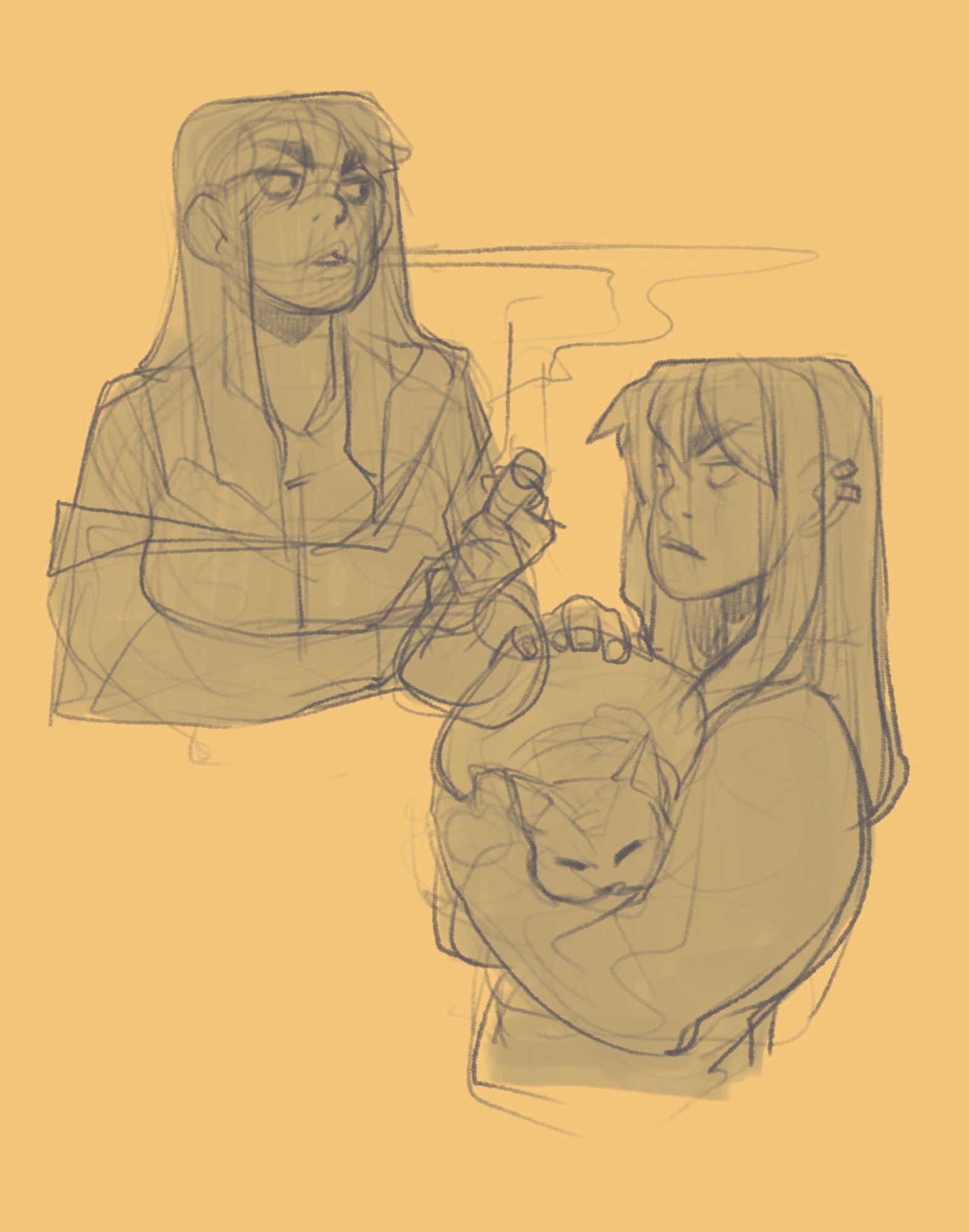 Digital doodles of Thiira on a yellow background. One (upper left) has her looking mildly disgusted while she smokes a cigar and blows the smoke off to her left. The other (lower right) has her holding and petting an exceptionally fat cat.