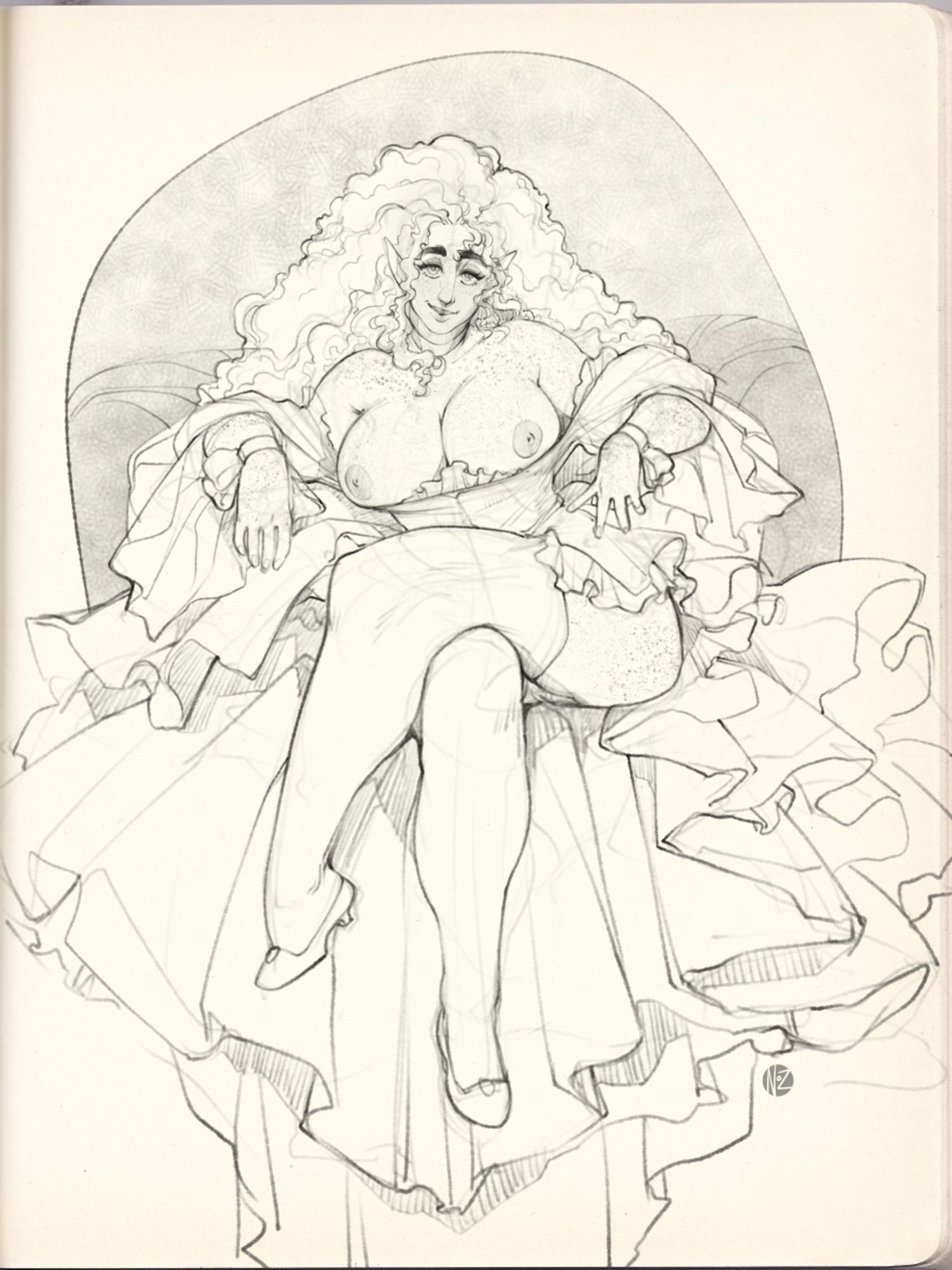 a drawing of a curly-haired elf woman in a fancy dress, seated in a flirty pose with her breasts out