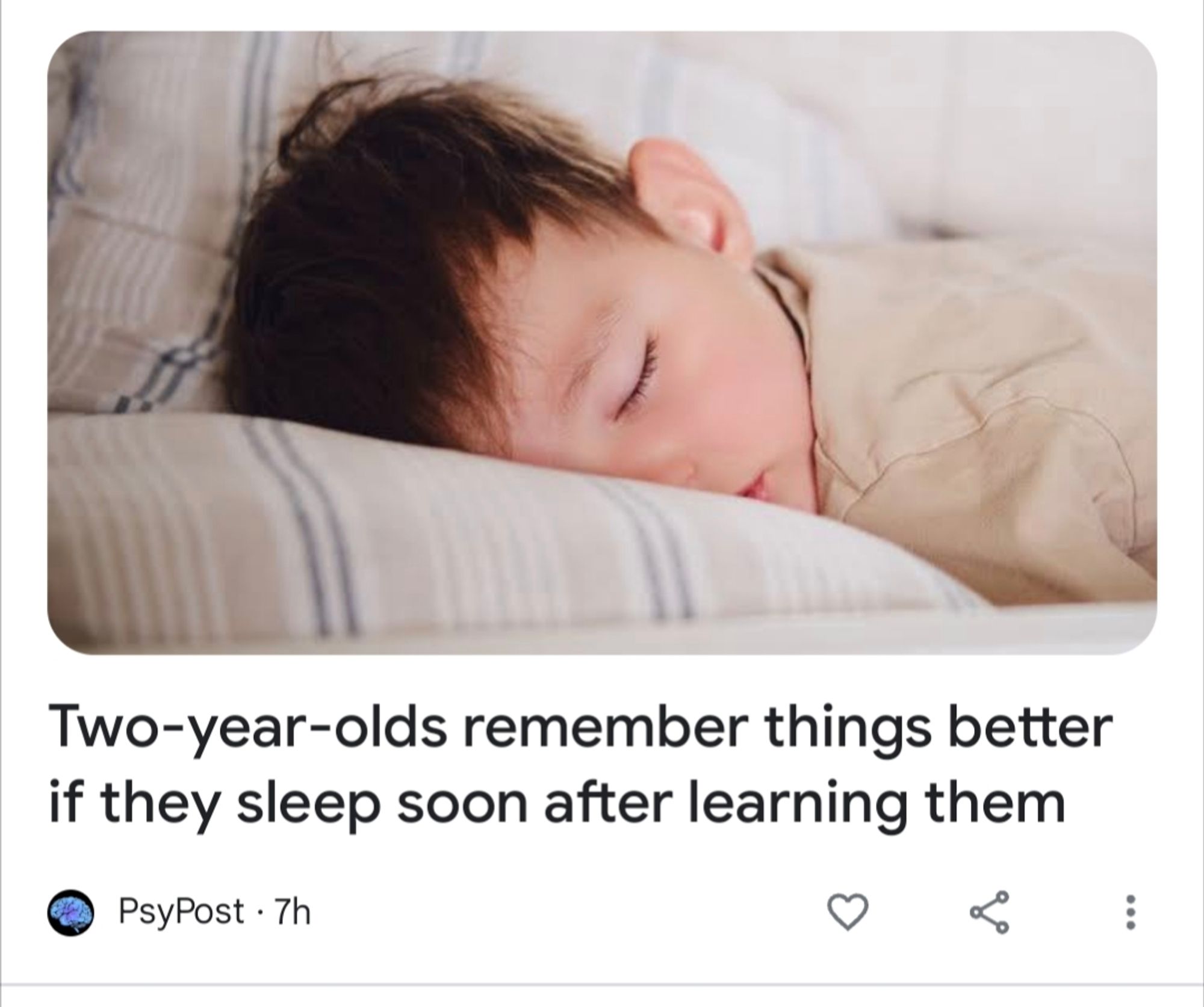 An article from PsyPost titled "Two-year-olds remember things better if they sleep soon after learning them" with a photo of a sleeping child