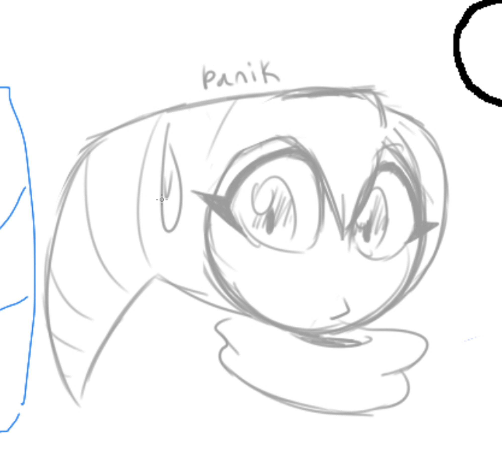 Sketch of NiGHTS looking worried with text that says “panik”