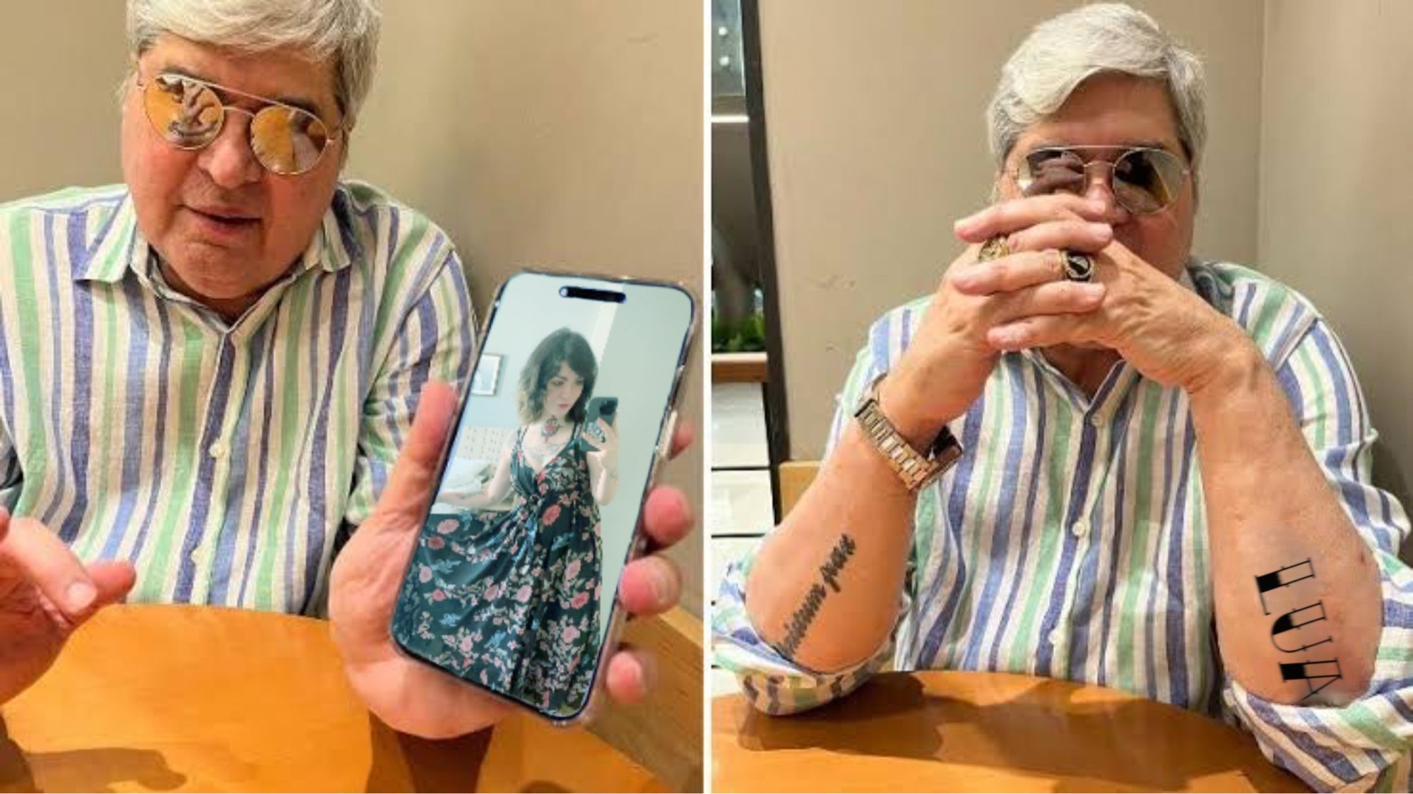 Montagem do Datena segurando um celular mostrando um celular e mostrando os braços tatuados. Uma foto do novo romance dele está aplicada no celular, assim como o nome no braço.