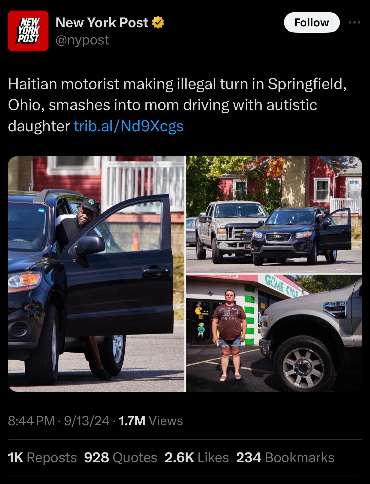 An NYPost headline that reads “Haitian motorist making illegal turn in Springfield, Ohio, smashes into mom driving with autistic daughter”