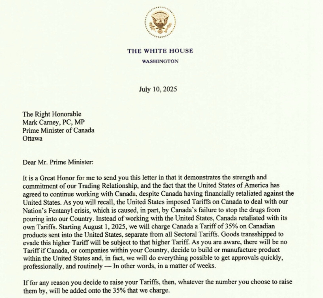 The letter from Trump threatening 35% tariffs on Canadian imports 