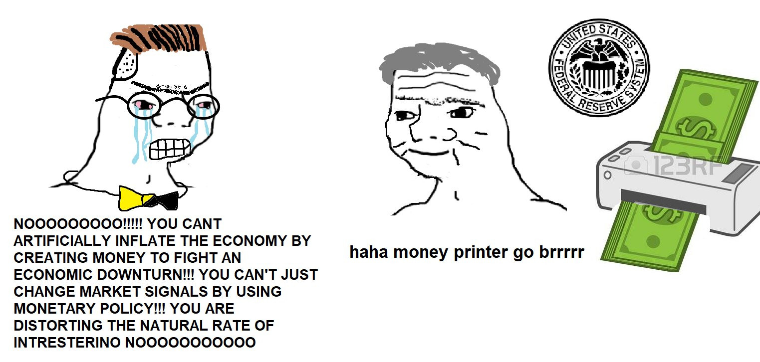 pic of a libertarian crying next to the federal reserve "haha money printer go brr" meme