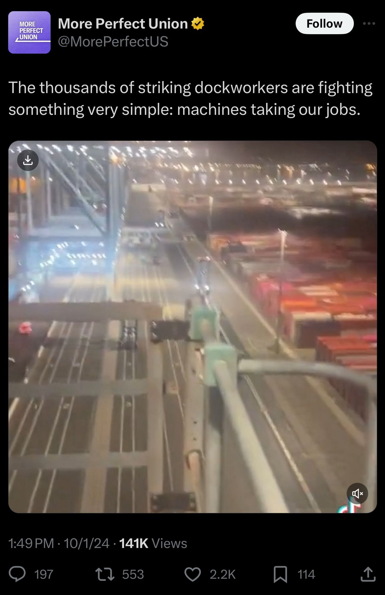 A tweet from More Perfect Union. It reads “the thousands of striking dockworkers are fighting something very simple: machines taking our jobs”. Linked is a TikTok where a dockworker in Los Angeles complains that the port is automated and thus there are less jobs for dockworkers and clerks.