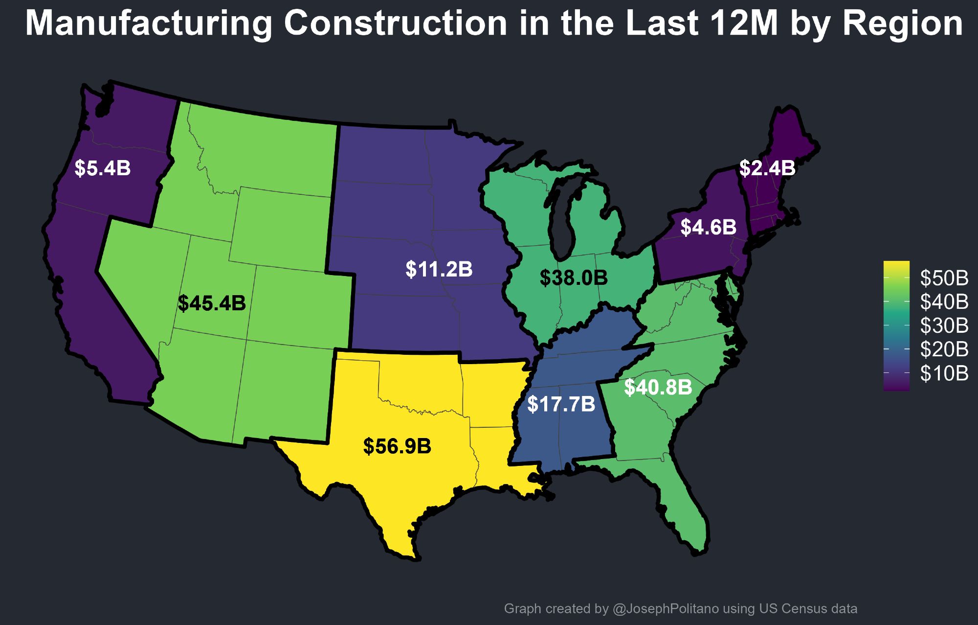 A map of the US divided into regions by manufacturing construction