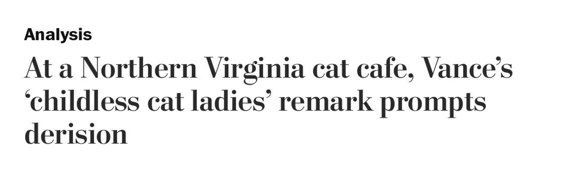 a WaPo headline that reads "At a Northern Virginia cat cafe, Vance's 'childless cat ladies' remark prompts derision"