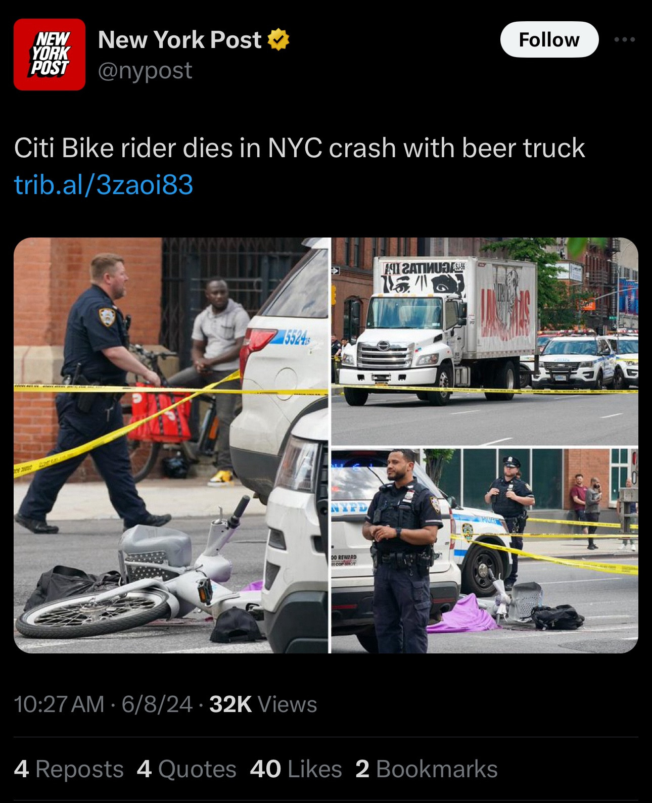 A NYPost headline that reads “Citi Bike rider dies in NYC crash with beer truck”